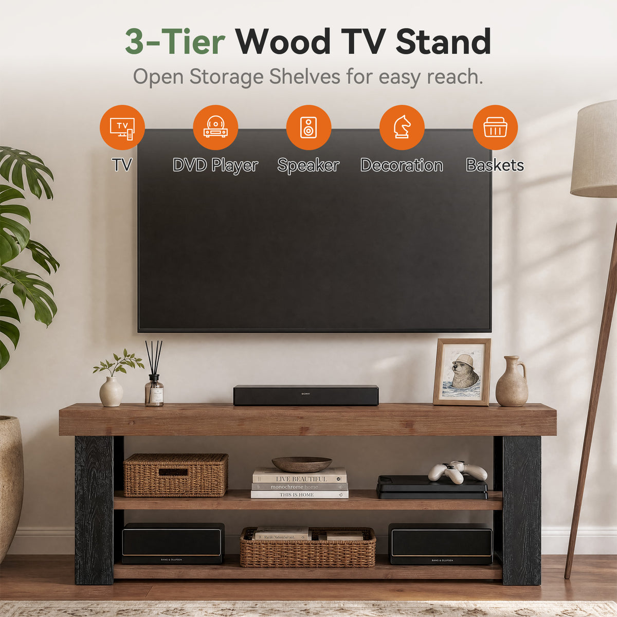 160cm TV Stand, Farmhouse Solid Wood Media Console for 65-70" TVs