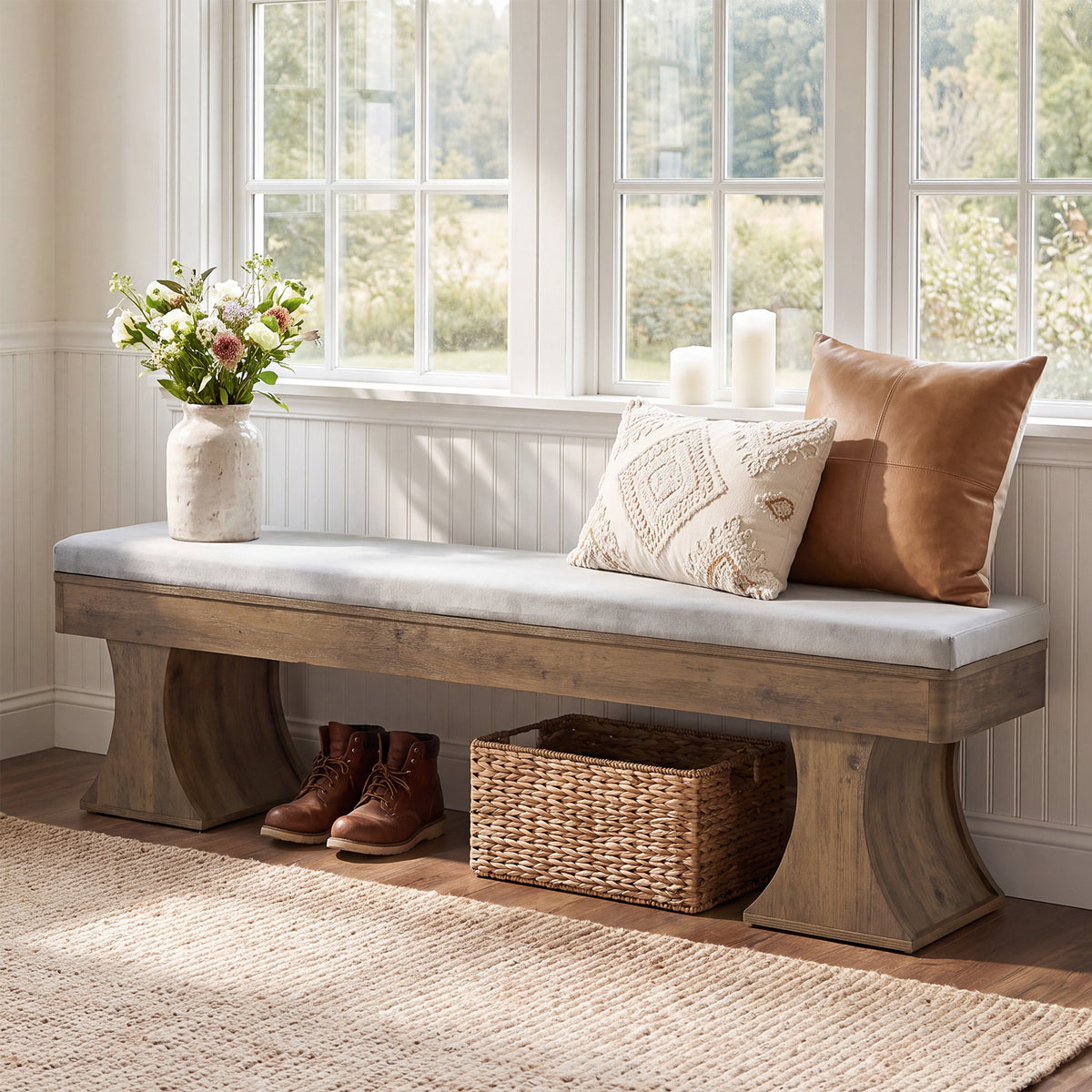 161cm Entryway Bench, Farmhouse Dining Bench with Cushion for Hallway Kitchen