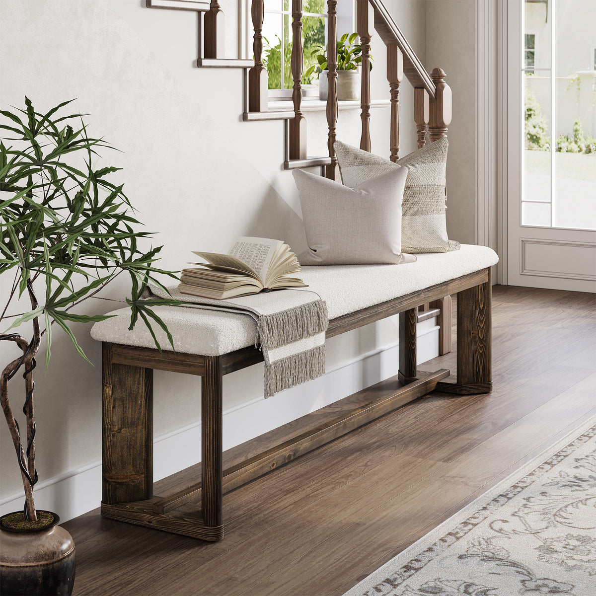 Tribesigns Padded Solid Wood Shoe Bench with Faux Fur Seat, 140cm