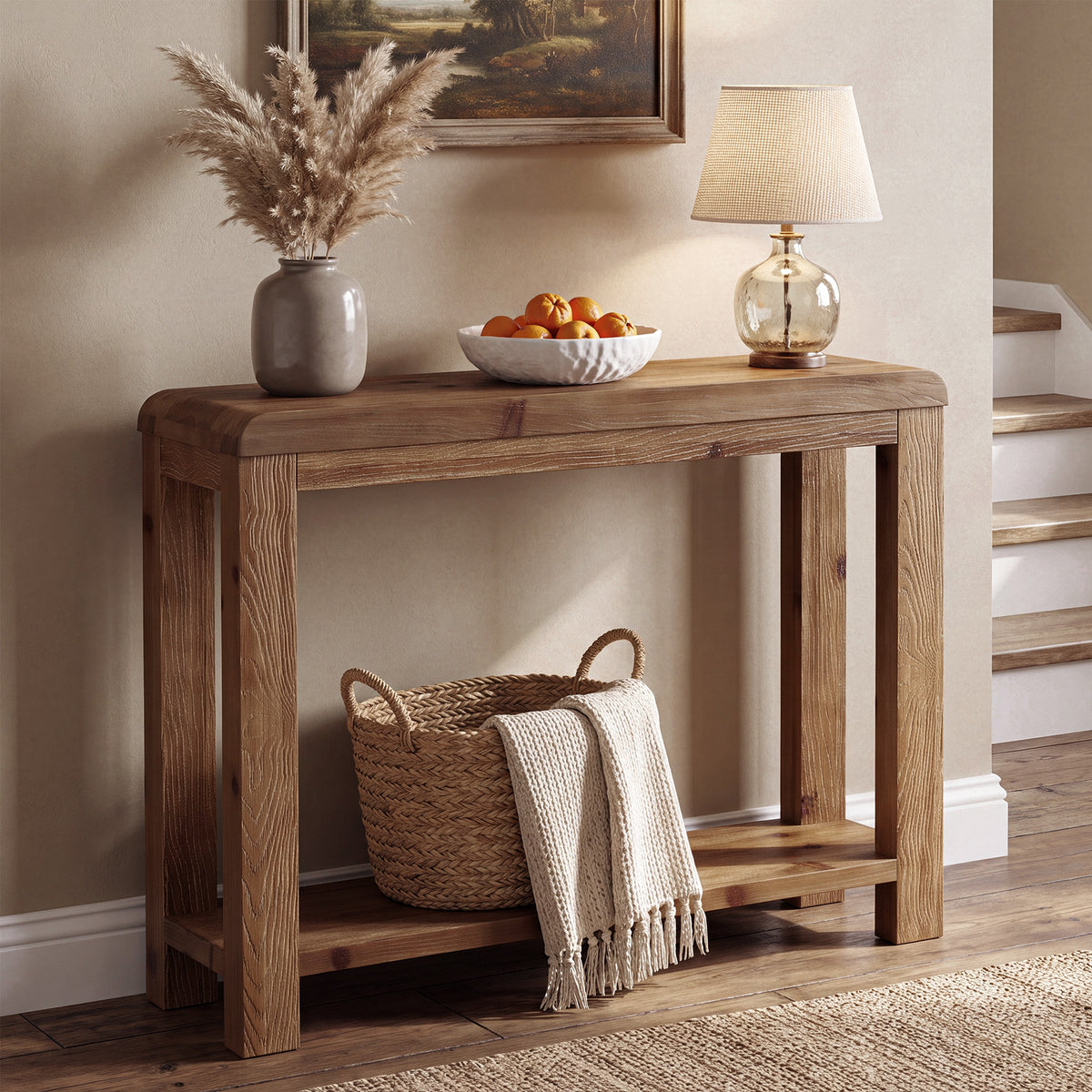 105cm Console Table, Solid Wood Farmhouse Sofa Table with Open Shelf Storage for Hallway Living Room