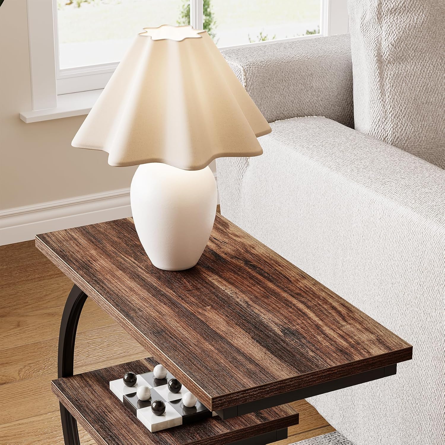 23.62" Industrial Brown Oak Side Table, Black Metal C-Frame & 3 Shelves