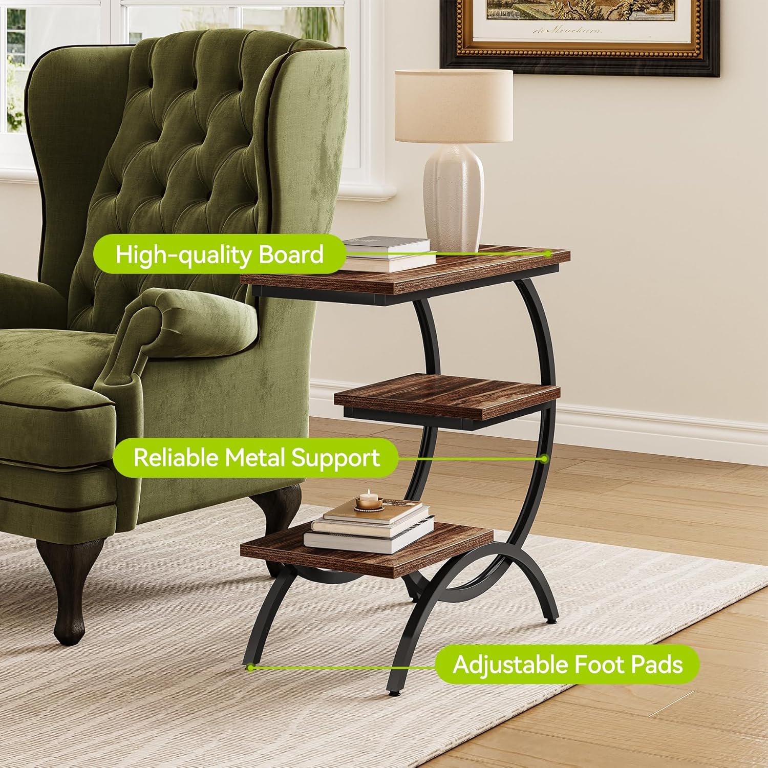 23.62" Industrial Brown Oak Side Table, Black Metal C-Frame & 3 Shelves