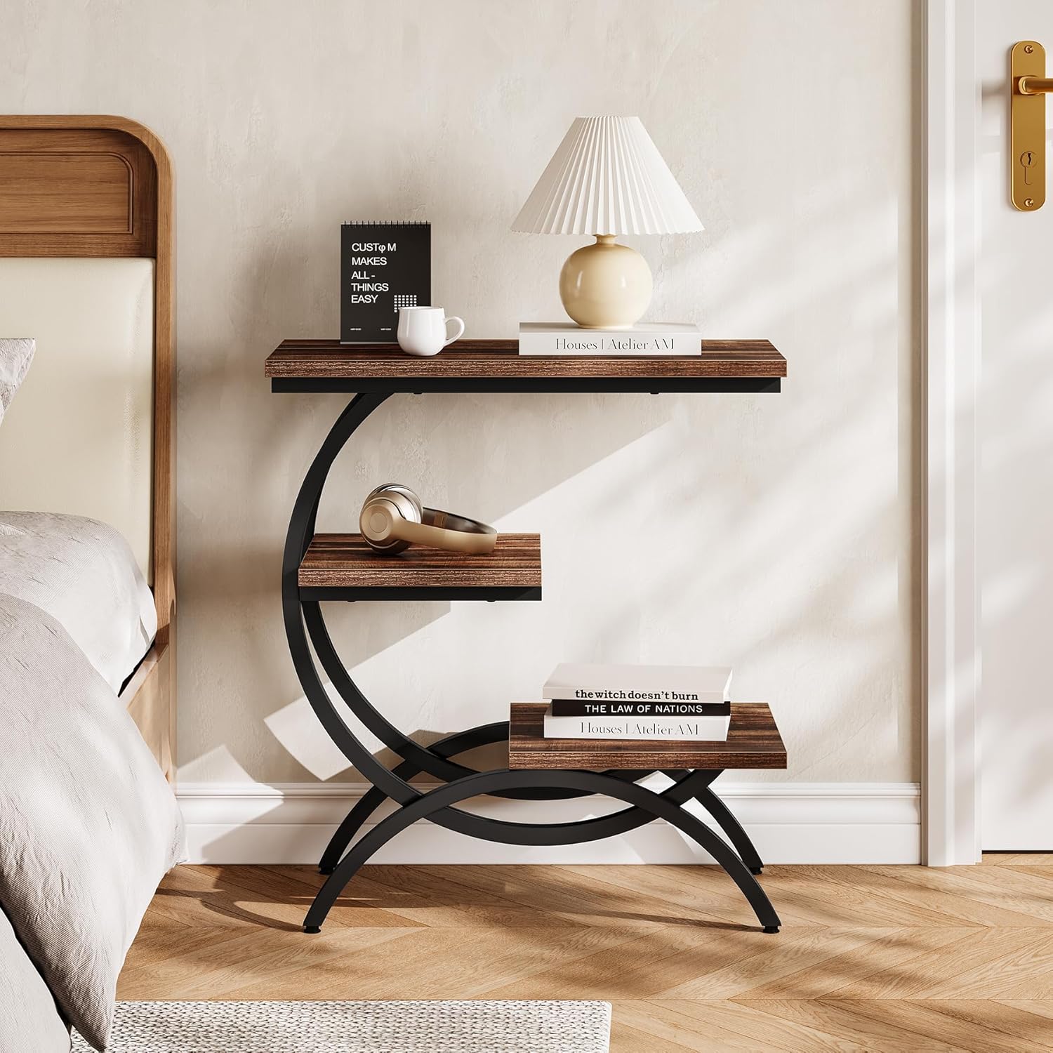 23.62" Industrial Brown Oak Side Table, Black Metal C-Frame & 3 Shelves
