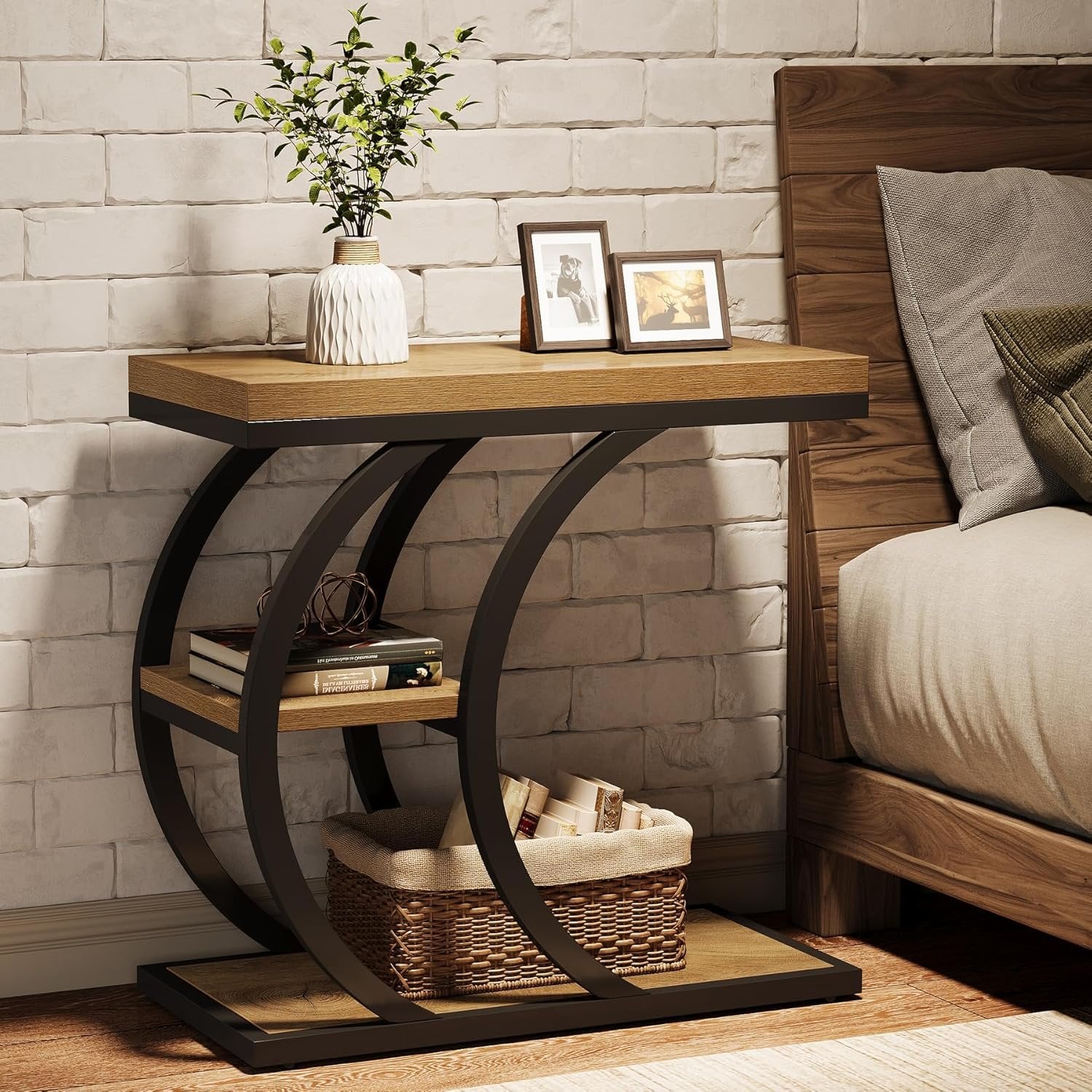 23.6" End Table, 3-Tier Couch C-Shaped Side Table with Storage