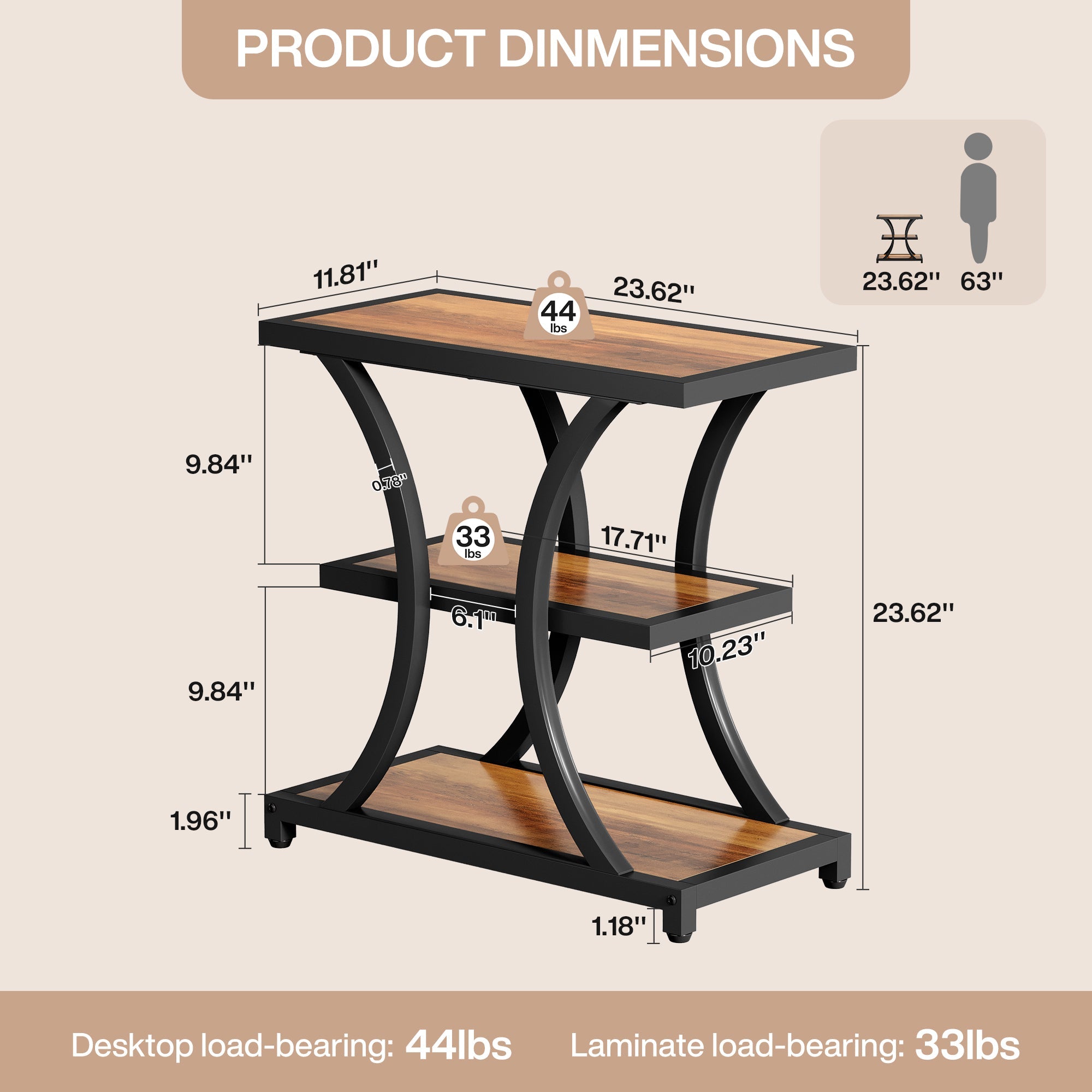 23.6" End Table, 3-Tier Side Table Nightstand with Geometric Design