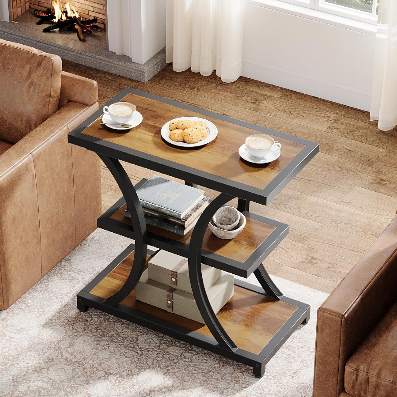 23.6" End Table, 3-Tier Side Table Nightstand with Geometric Design