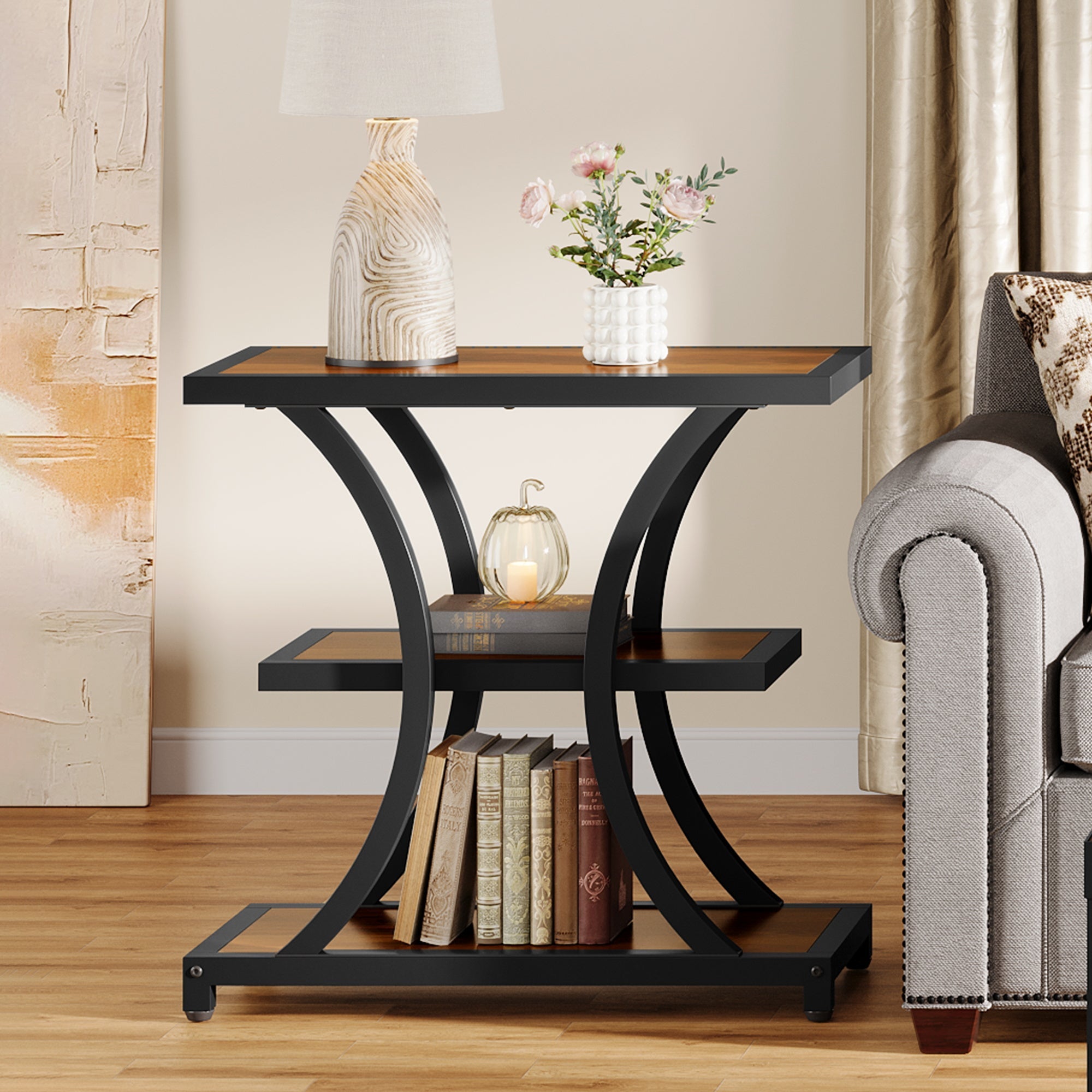 23.6" End Table, 3-Tier Side Table Nightstand with Geometric Design