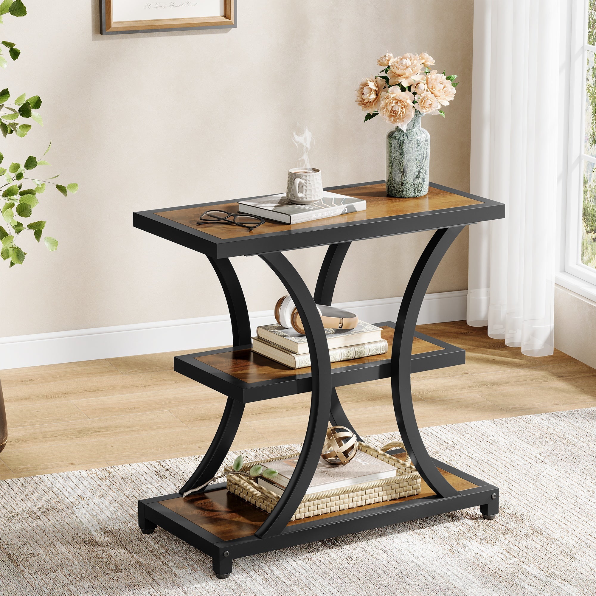 23.6" End Table, 3-Tier Side Table Nightstand with Geometric Design