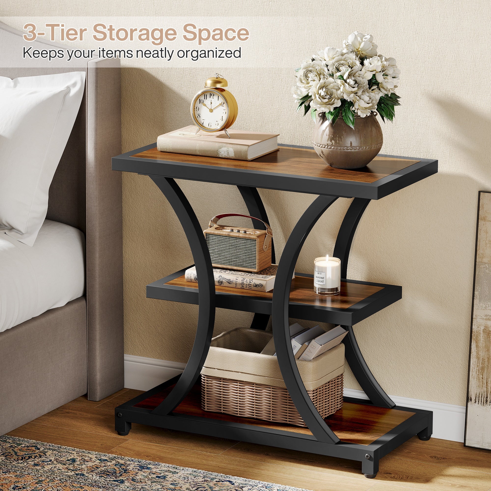 23.6" End Table, 3-Tier Side Table Nightstand with Geometric Design