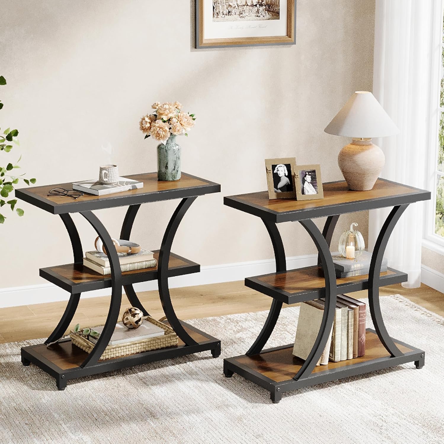23.6" End Table, 3-Tier Side Table Nightstand with Geometric Design