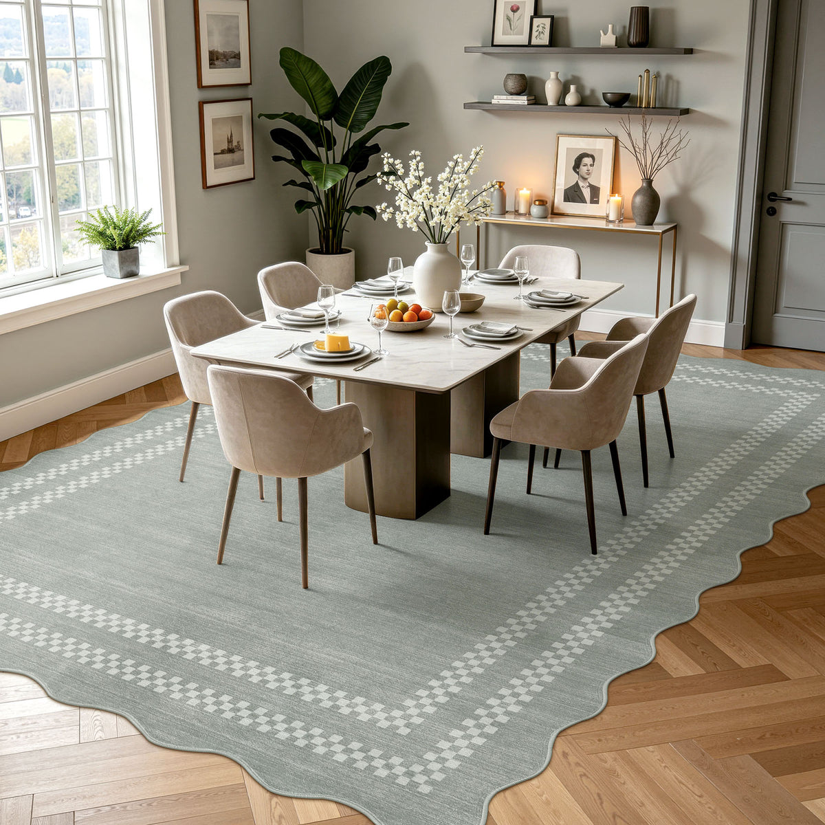 Tribesigns Minimalist geometric rug with scalloped edge, 160 x 230 cm/200 x 300 cm, washable scalloped rug