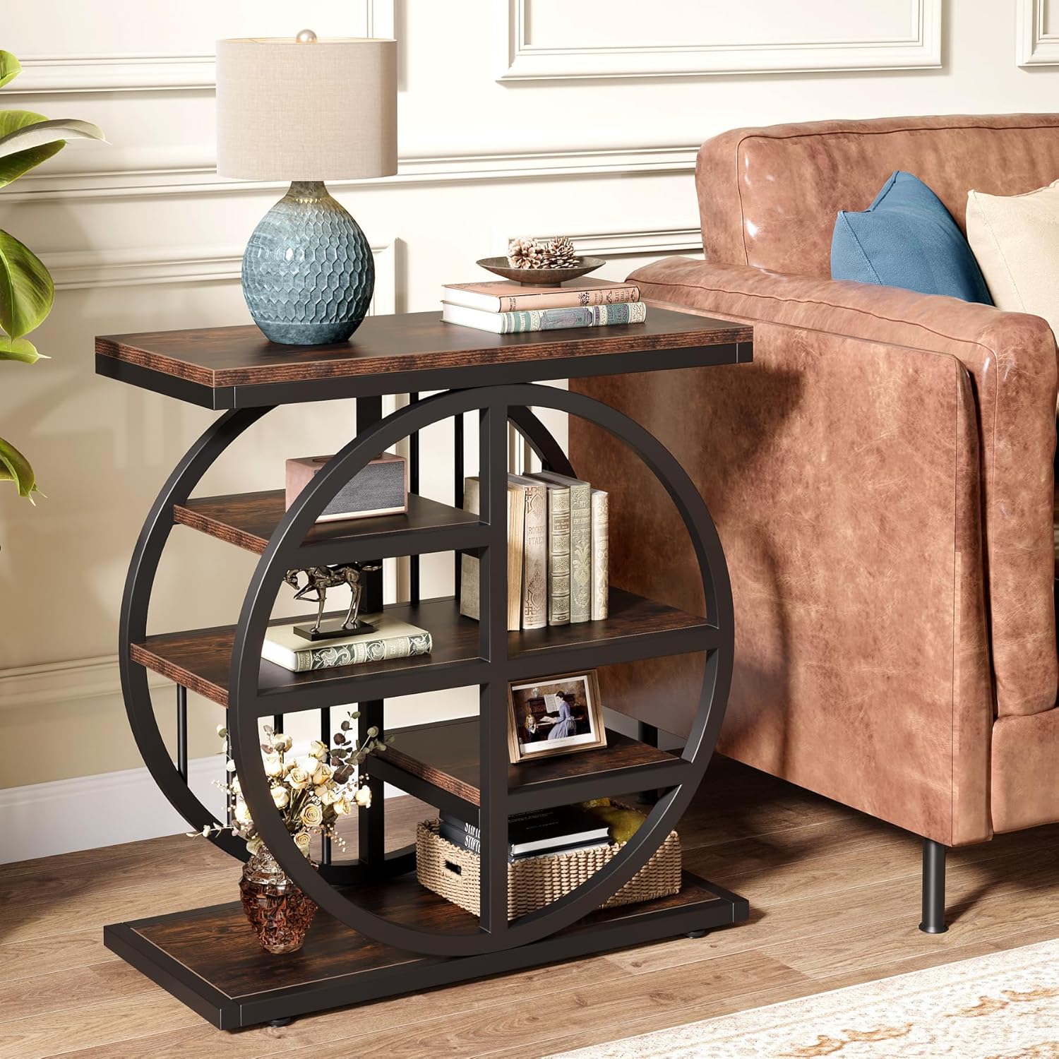 24" Industrial End Table, 5-Tier Narrow Side Table with Metal Frame
