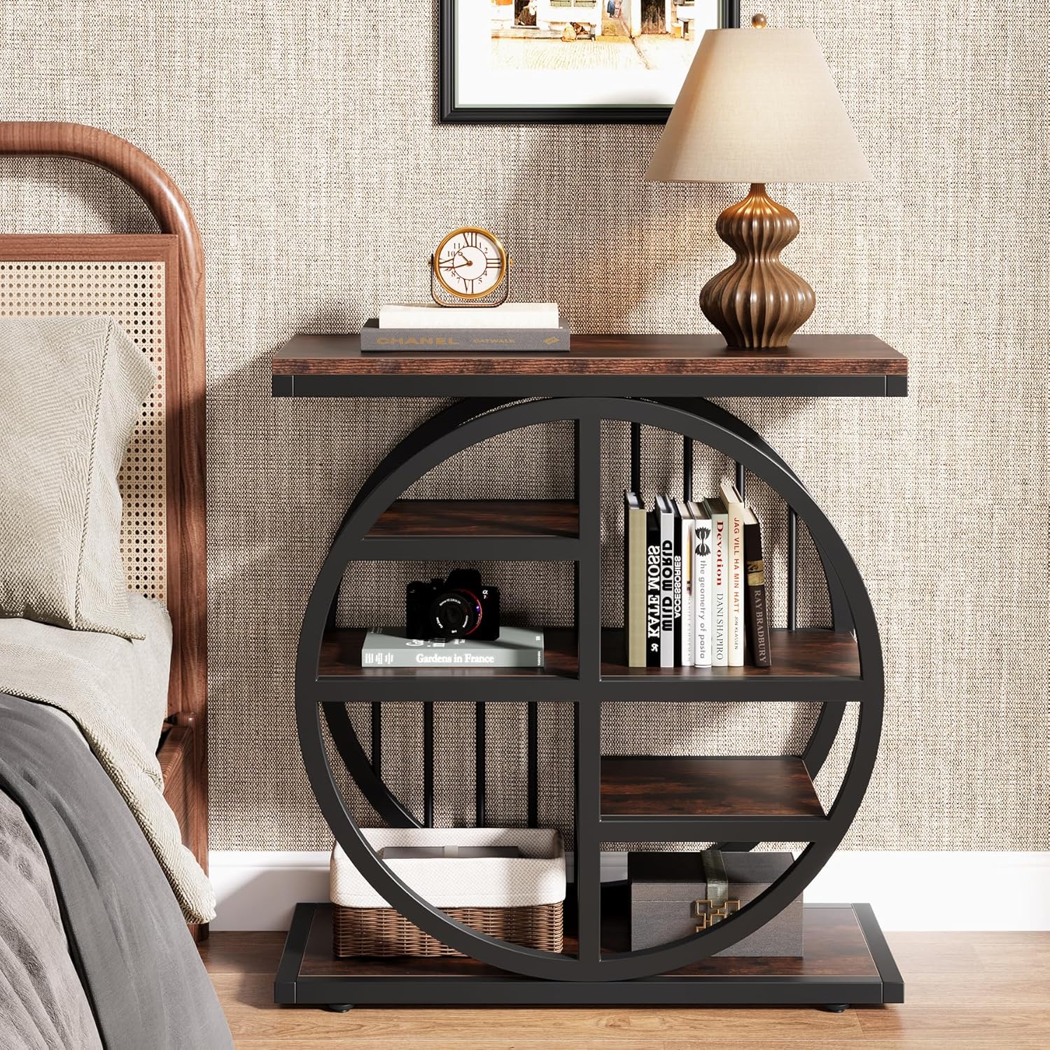 24" Industrial End Table, 5-Tier Narrow Side Table with Metal Frame