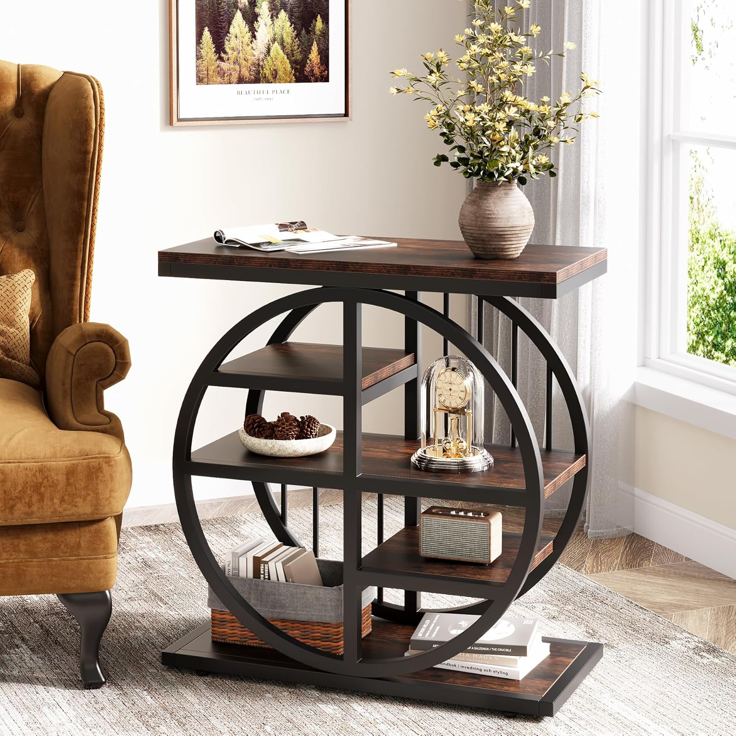 24" Industrial End Table, 5-Tier Narrow Side Table with Metal Frame