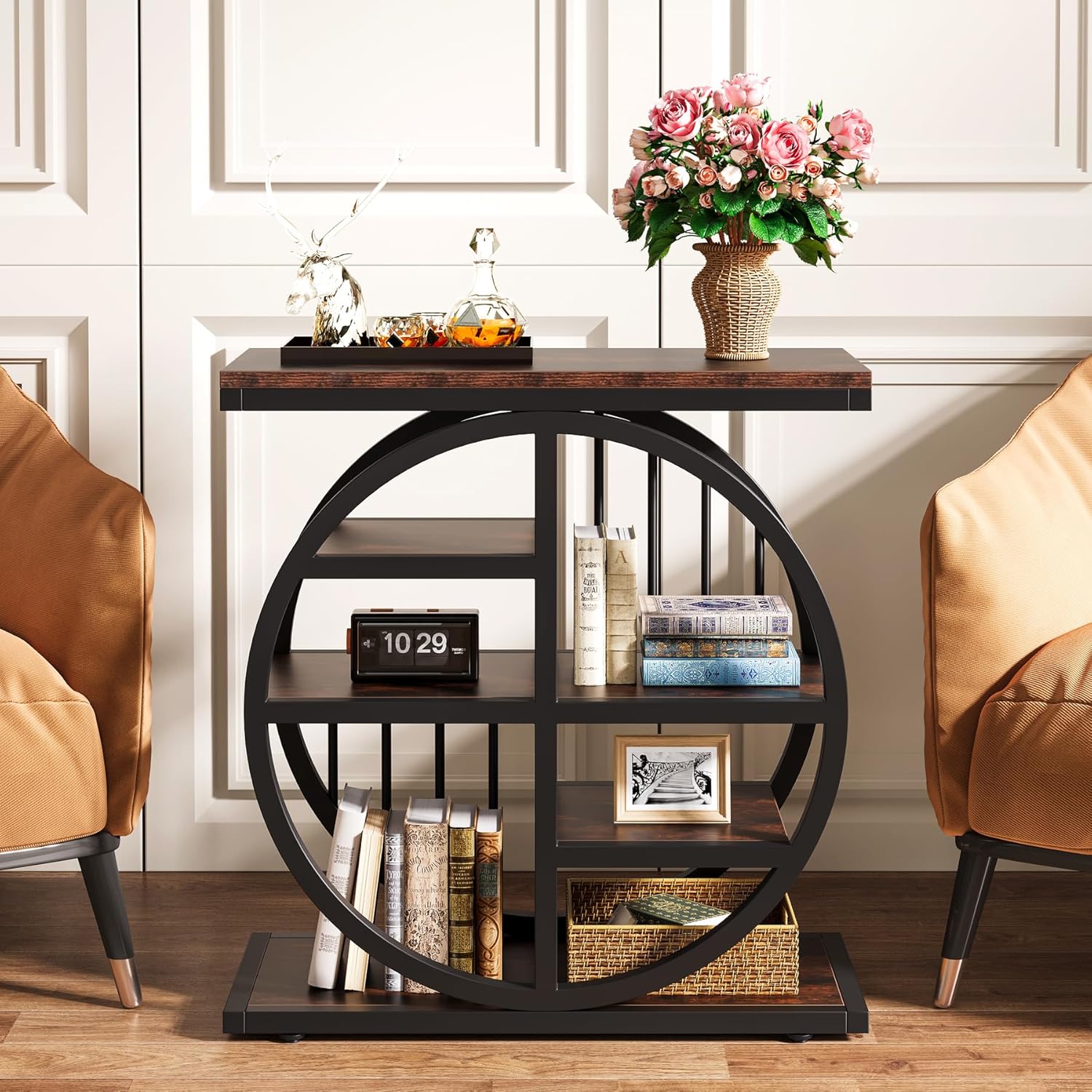 24" Industrial End Table, 5-Tier Narrow Side Table with Metal Frame
