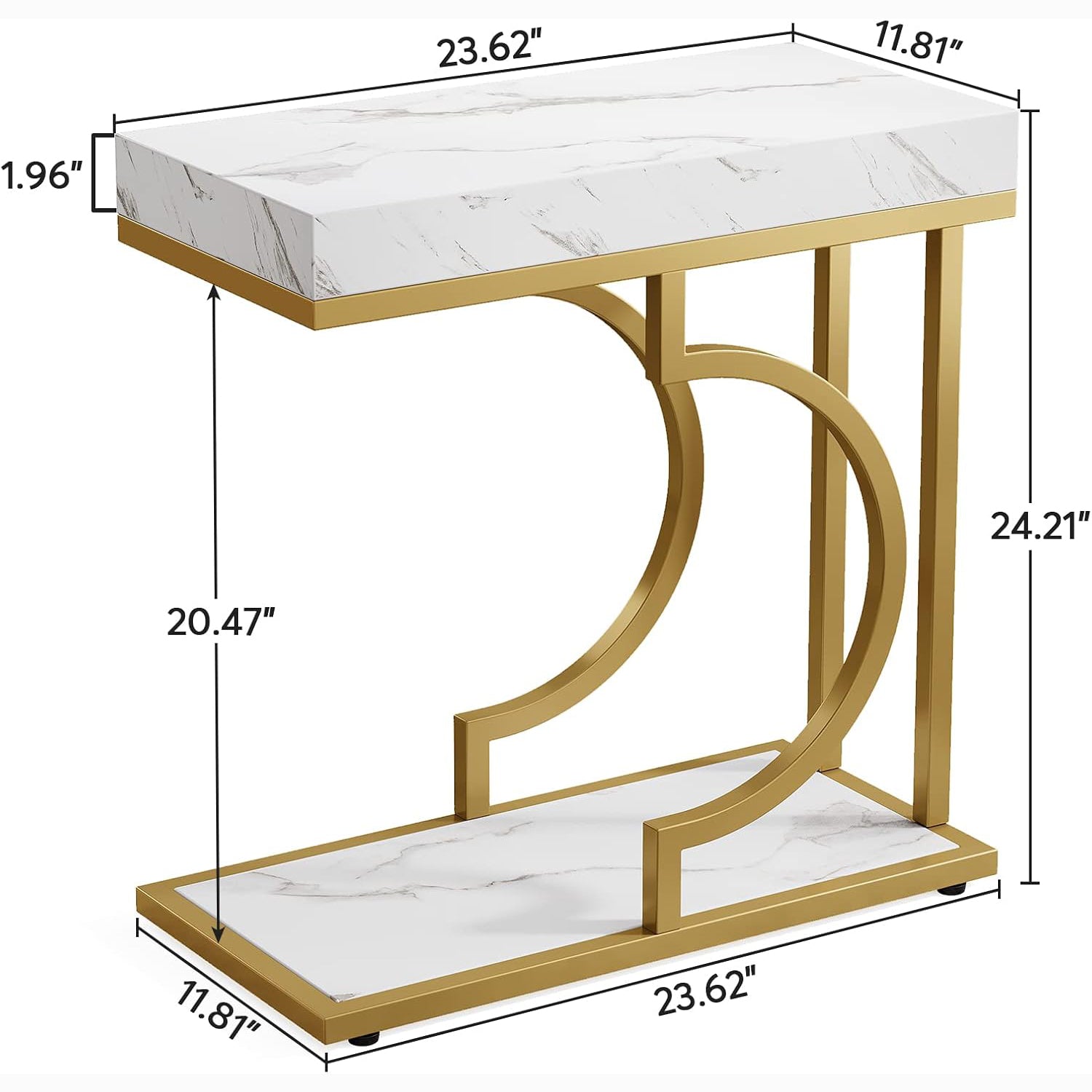 24" Modern C-Shaped Side Table, White & Gold Narrow End Table with Metal Frame