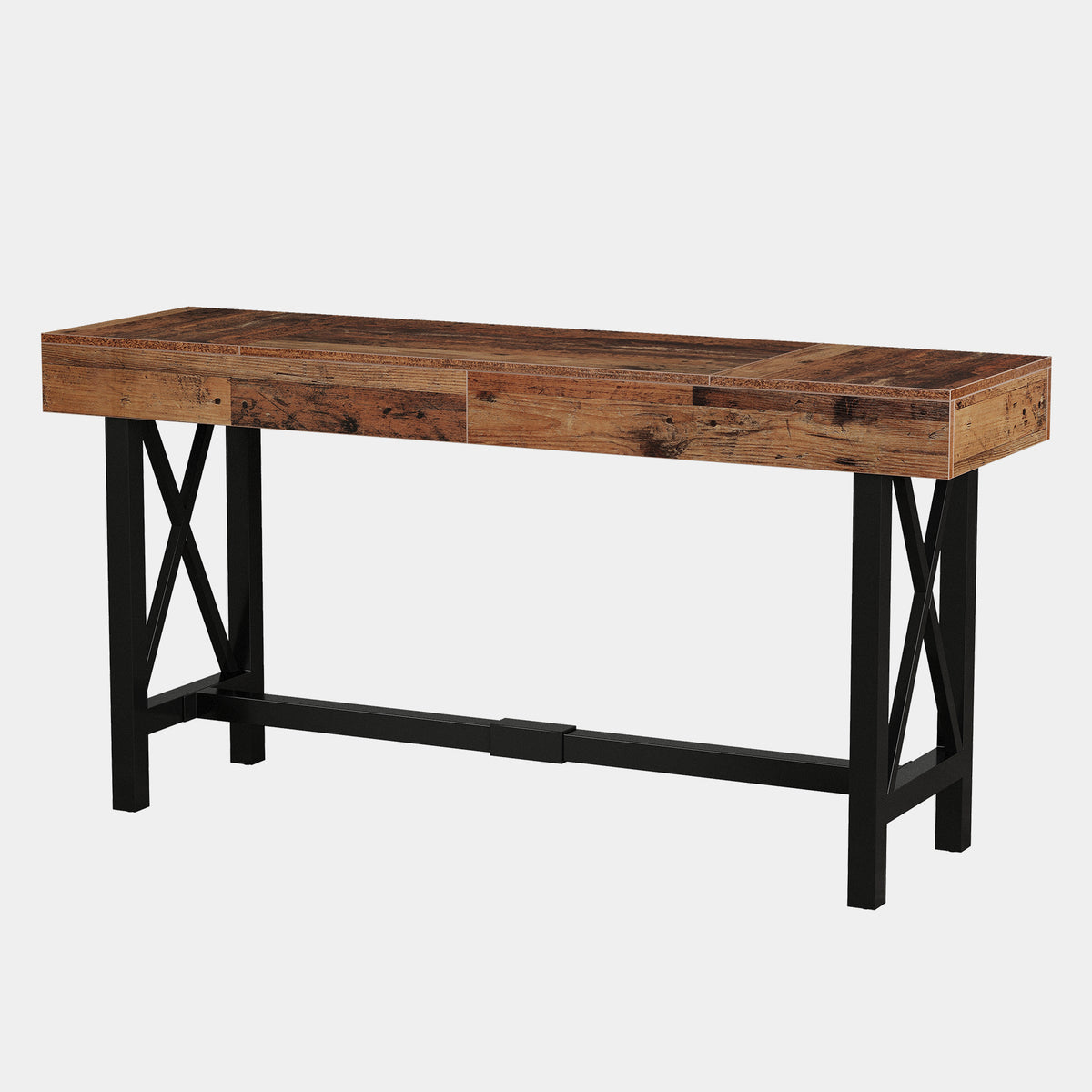 180cm Bar Table, Industrial Rectangular Pub Table with Metal Footrest