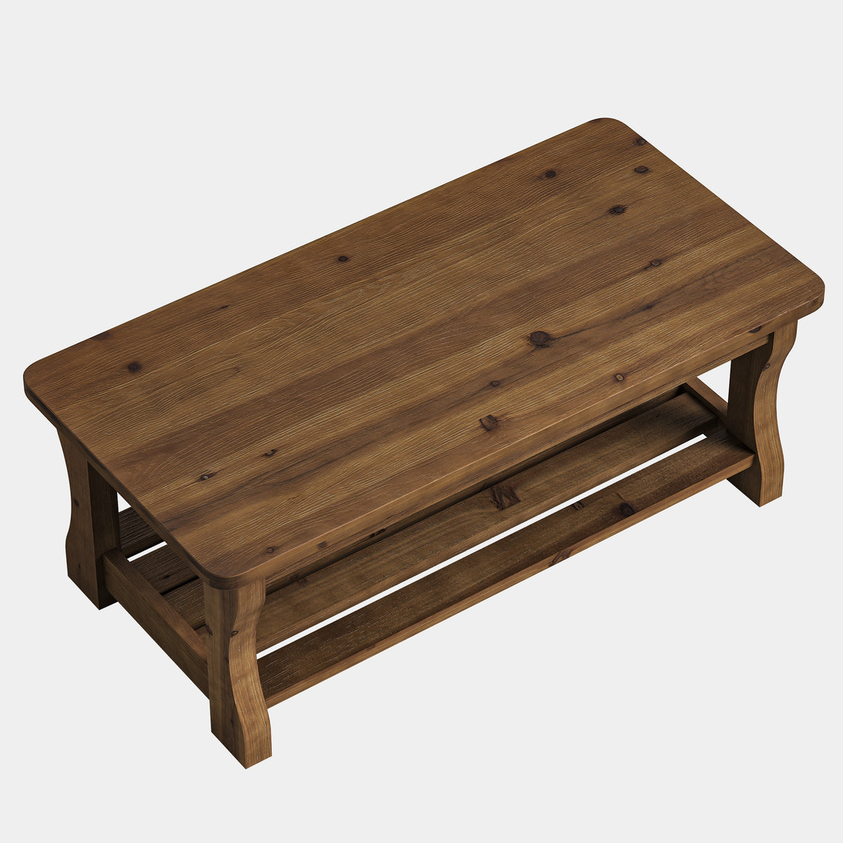 47" Solid Wood Coffee Table, Farmhouse 2-Tier Living Room Center Table, Dark Brown
