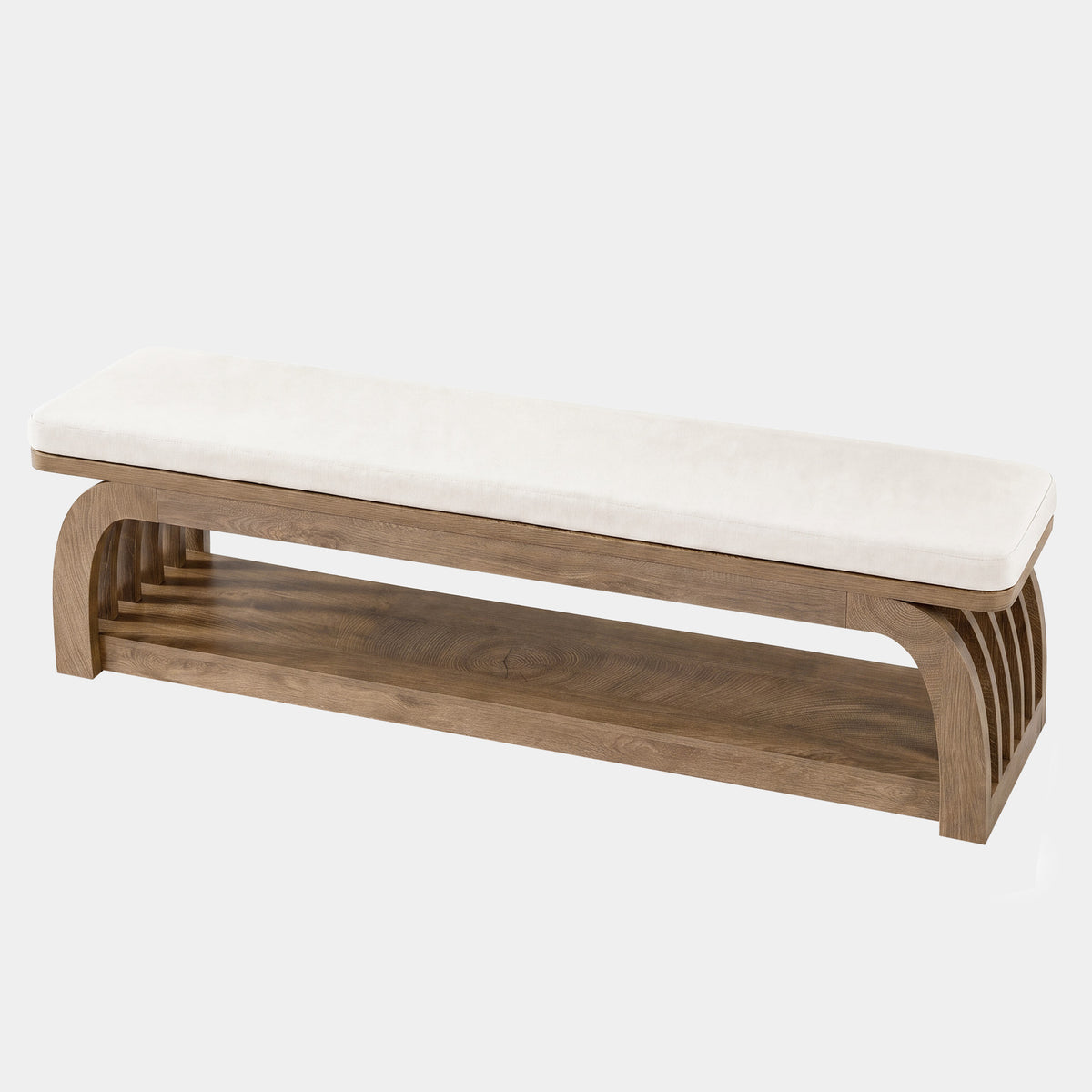 140cm Entryway Bench, Upholstered 2-Tier Shoe Storage with Hollow Legs for Hallway