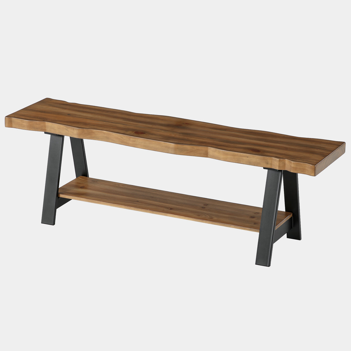 160cm Entryway Bench, Solid Wood Live Edge 2-Tier Shoe Storage Bench for Hallway Mudroom