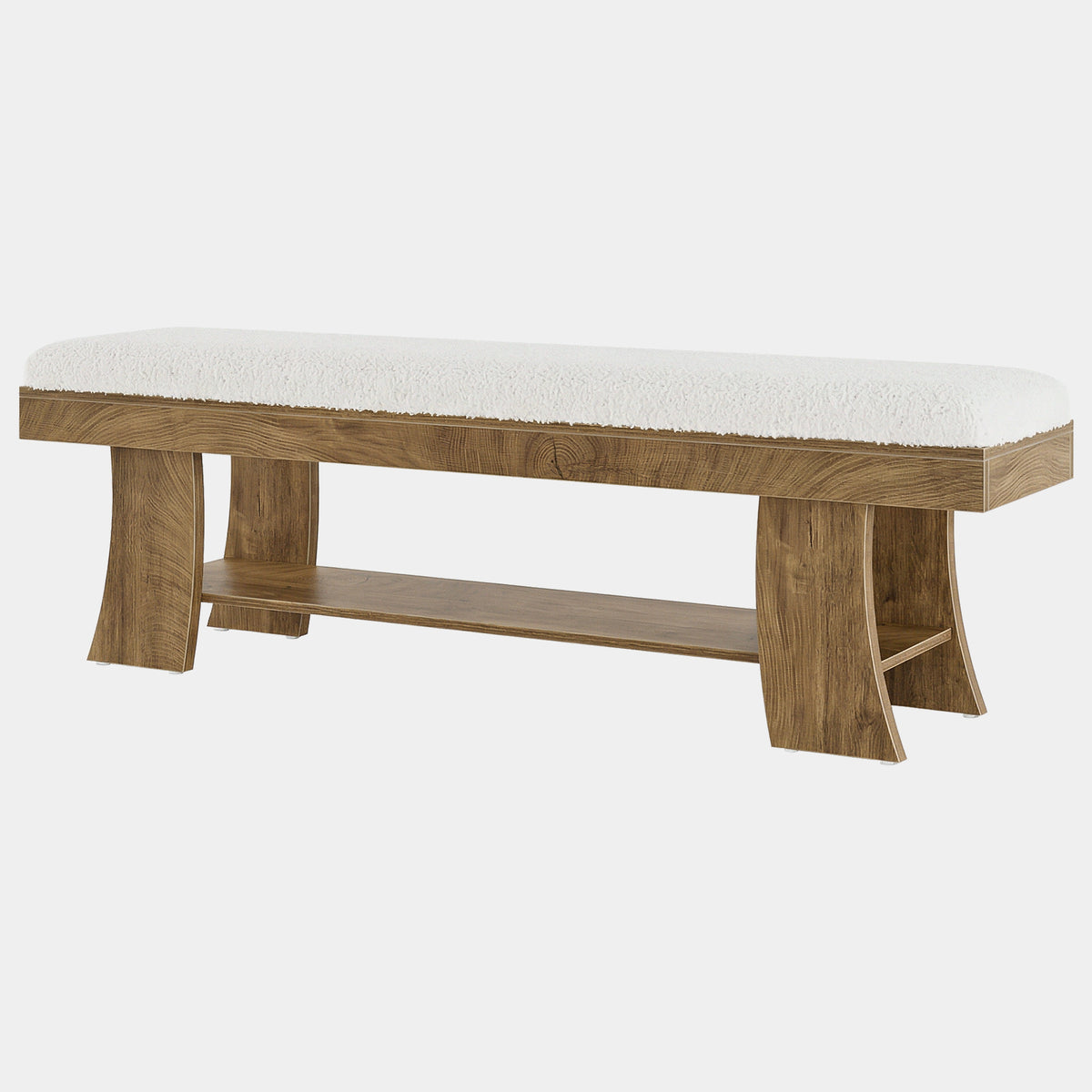 150cm Entryway Bench, Upholstered Shoe Bench with Cushion & Storage Shelf for Hallway