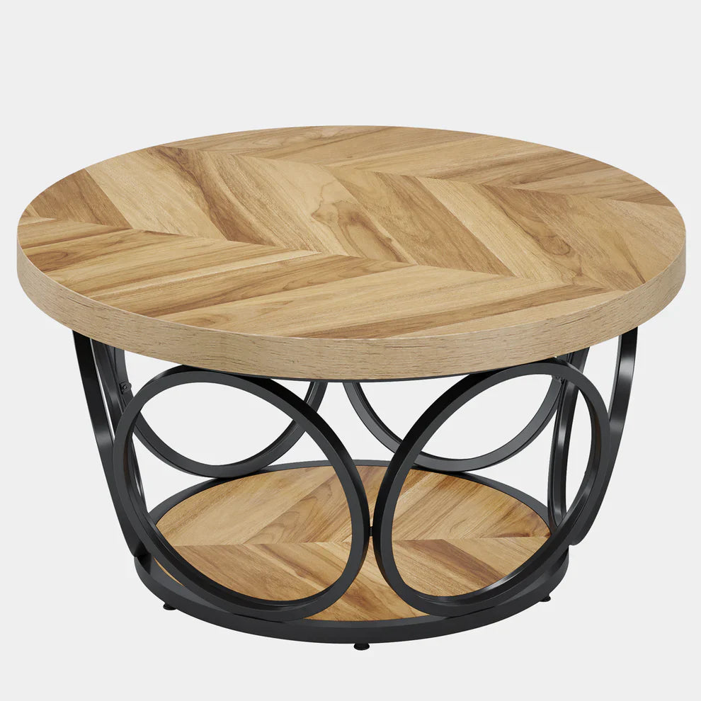 Farmhouse Coffee Table, Round Center Table with 2 Storage Shelves