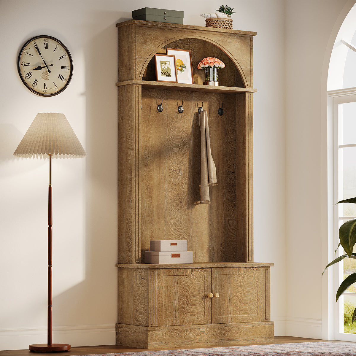 180cm Hall Tree, 4-in-1 Entryway Coat Rack with Shoe Bench & Storage Cabinet