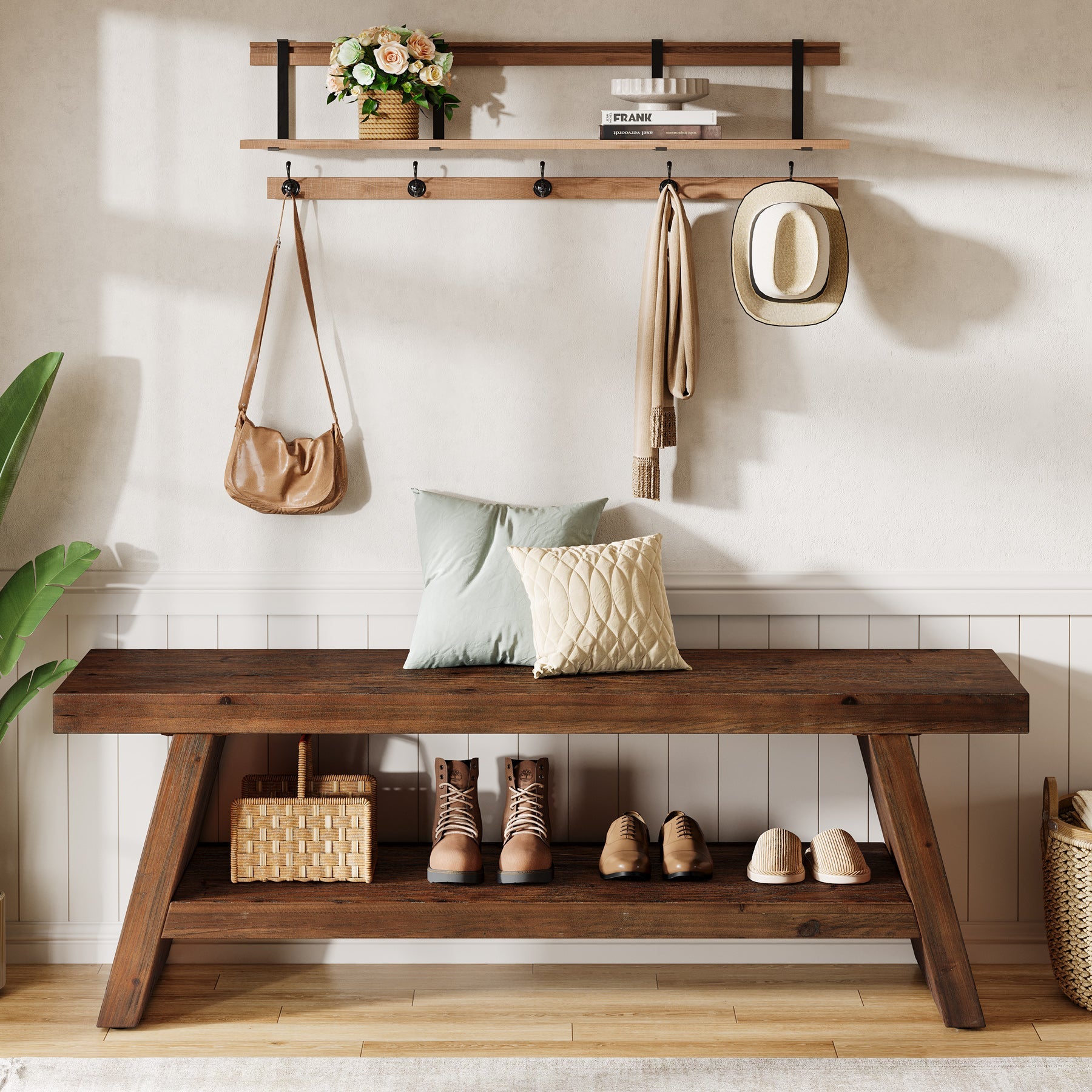 120cm 2-Tier Solid Wood Entryway Bench with Open Storage, Wooden Shoe Bench for Hallway & Foyer