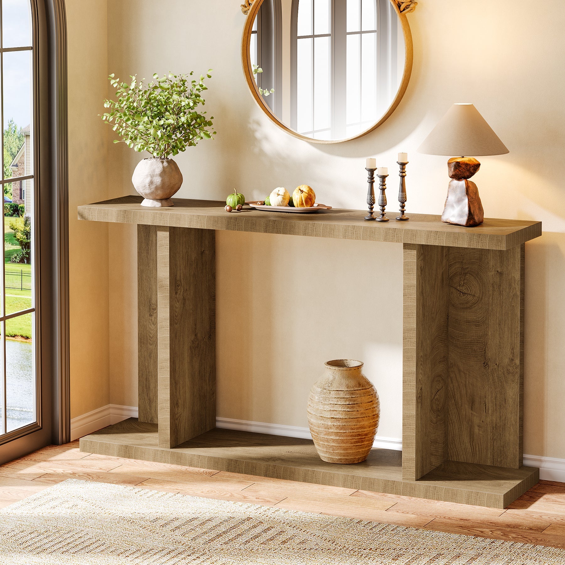 140cm Console Table, 2-Tier Farmhouse Entryway Sofa Table Behind Couch