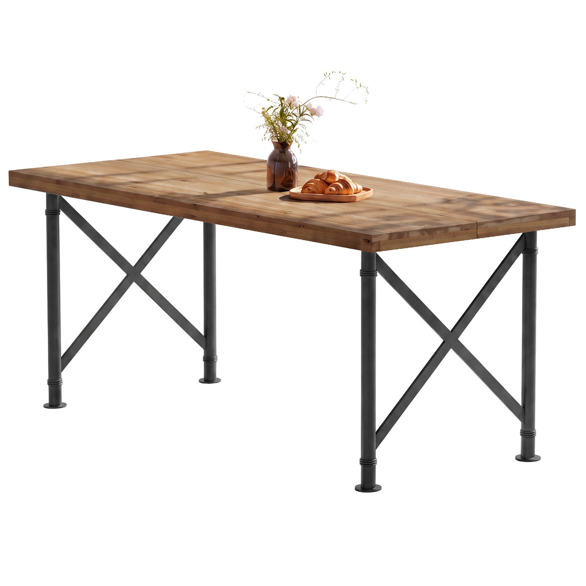 160cm Dining Table, Solid Wood 4-6 Seater with X-Frame Metal Legs