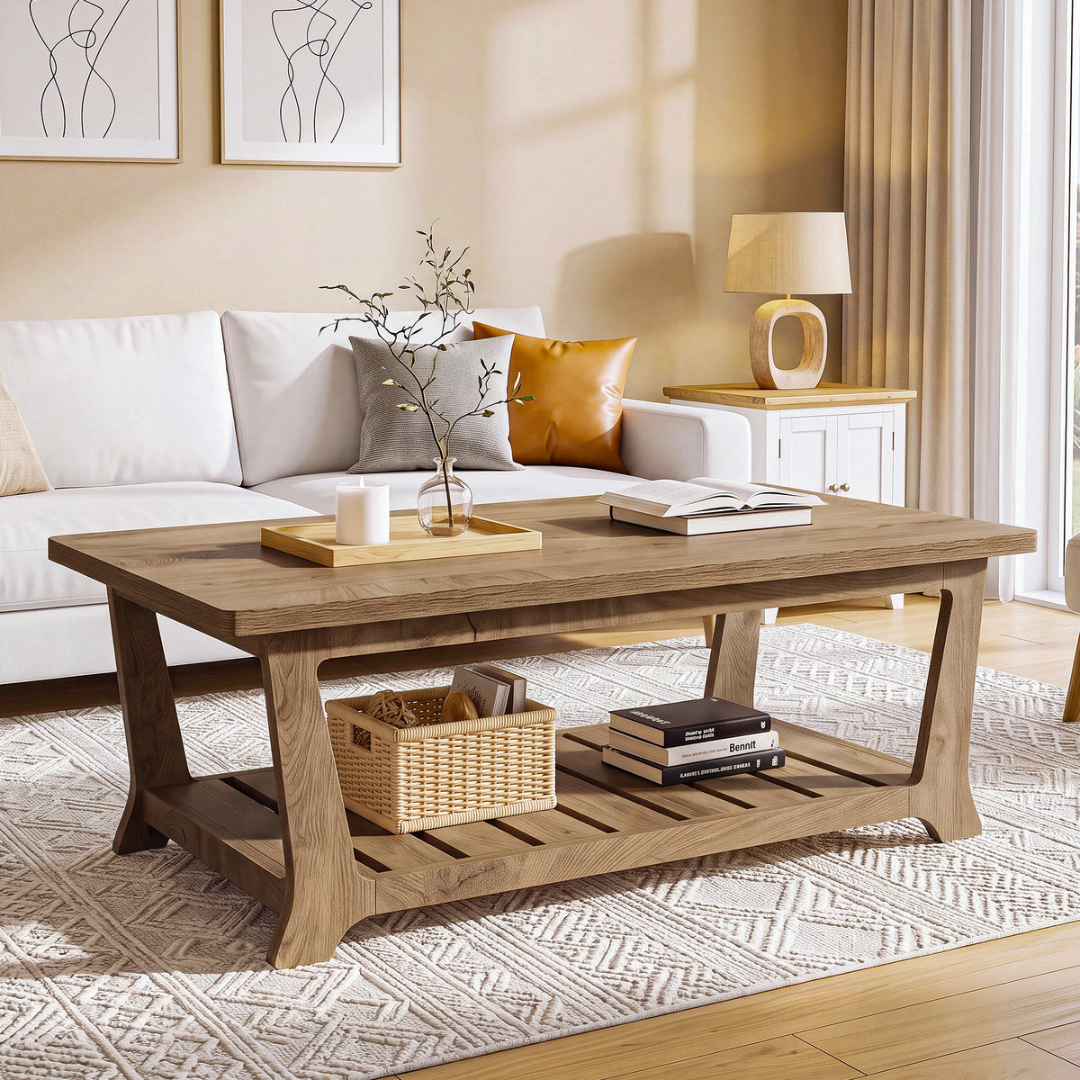120cm Rectangle Coffee Table, Farmhouse Centre Table with Shelves for Living Room