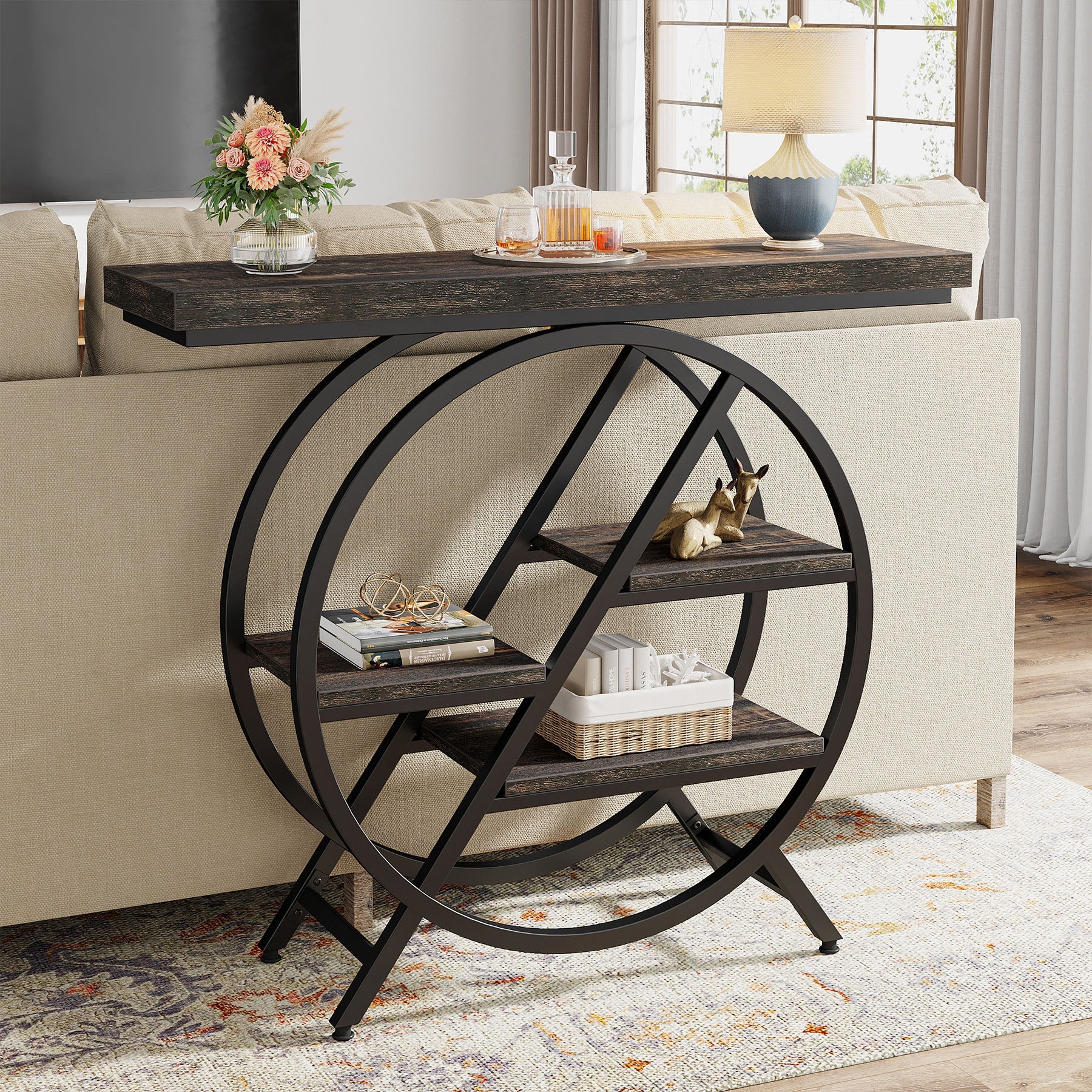 39.4" 4-Tier Console Table, Entryway Table with Geometric Metal Frame