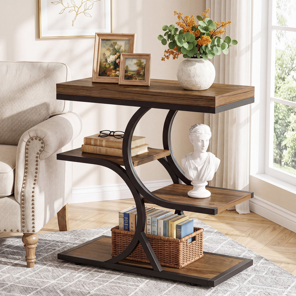 60cm Side Table, 4-Tier Industrial Narrow Open Storage for Living Room Bedroom