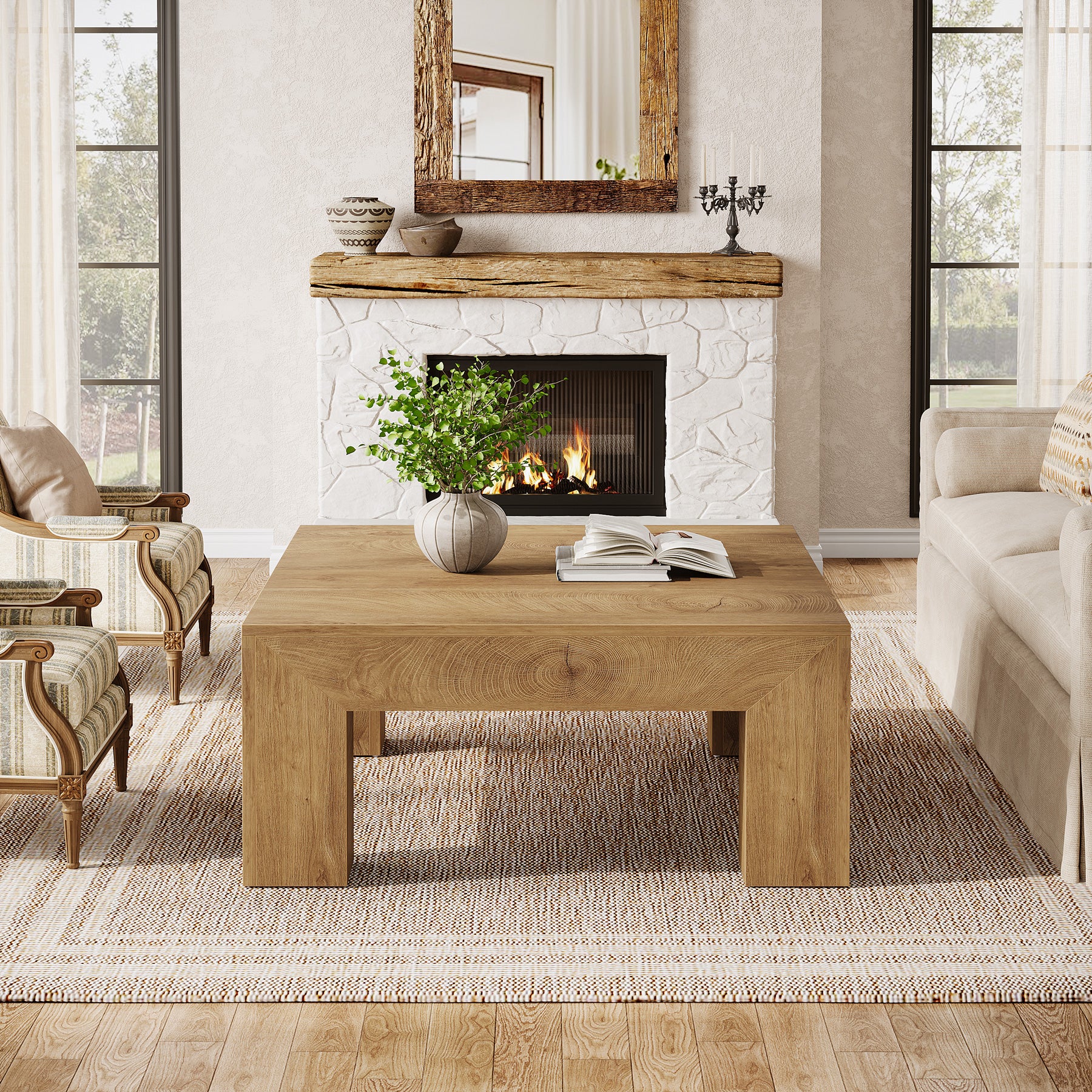 39" Square Farmhouse Coffee Table, Tea Table with Sturdy Wood Legs