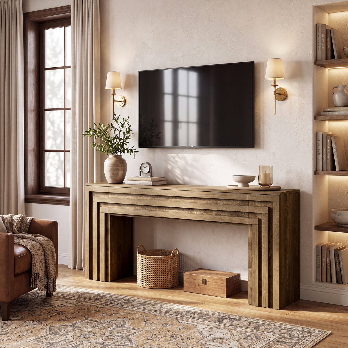 160cm TV Stand, Farmhouse Console with Hidden Cabinets for Living Room