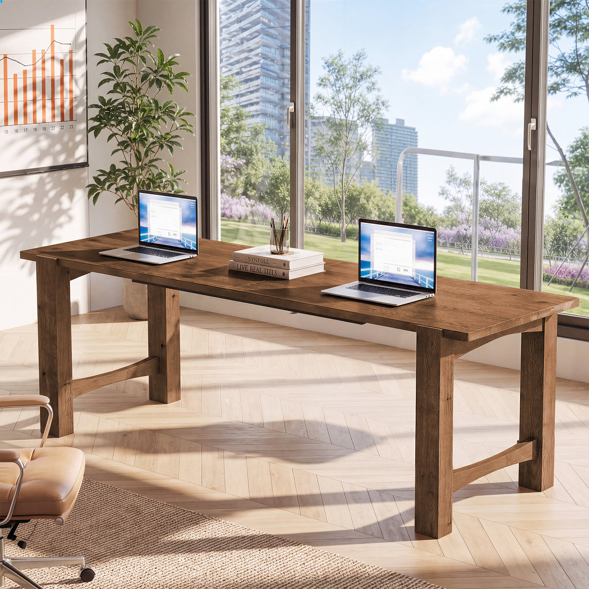 200cm 2-Person Computer Desk, Farmhouse Solid Wood with Thick Legs for Home Office