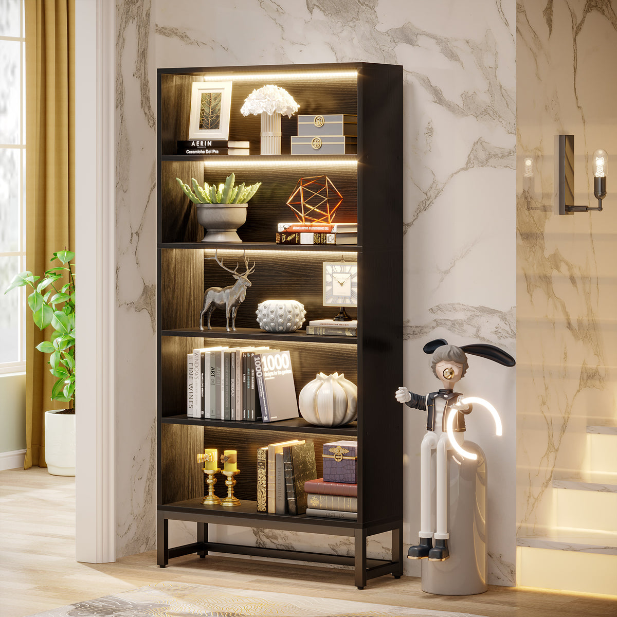 180cm LED Bookshelf, 5-Tier Black Storage Cabinet