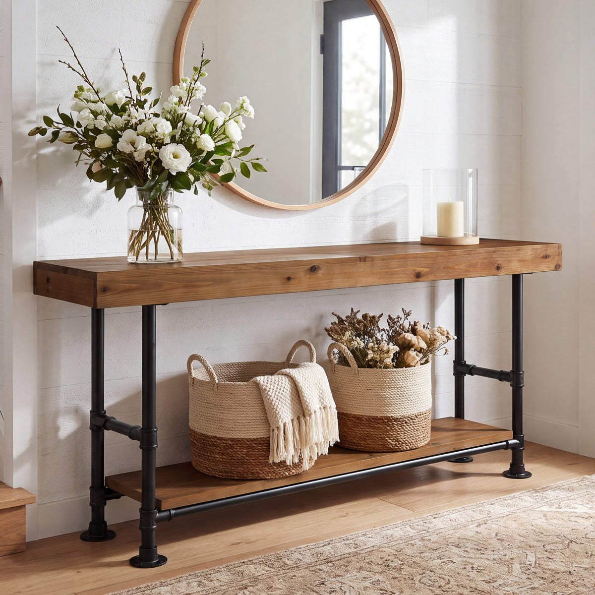 160cm Console Table, 2-Tier Solid Wood for Entryway & Hallway