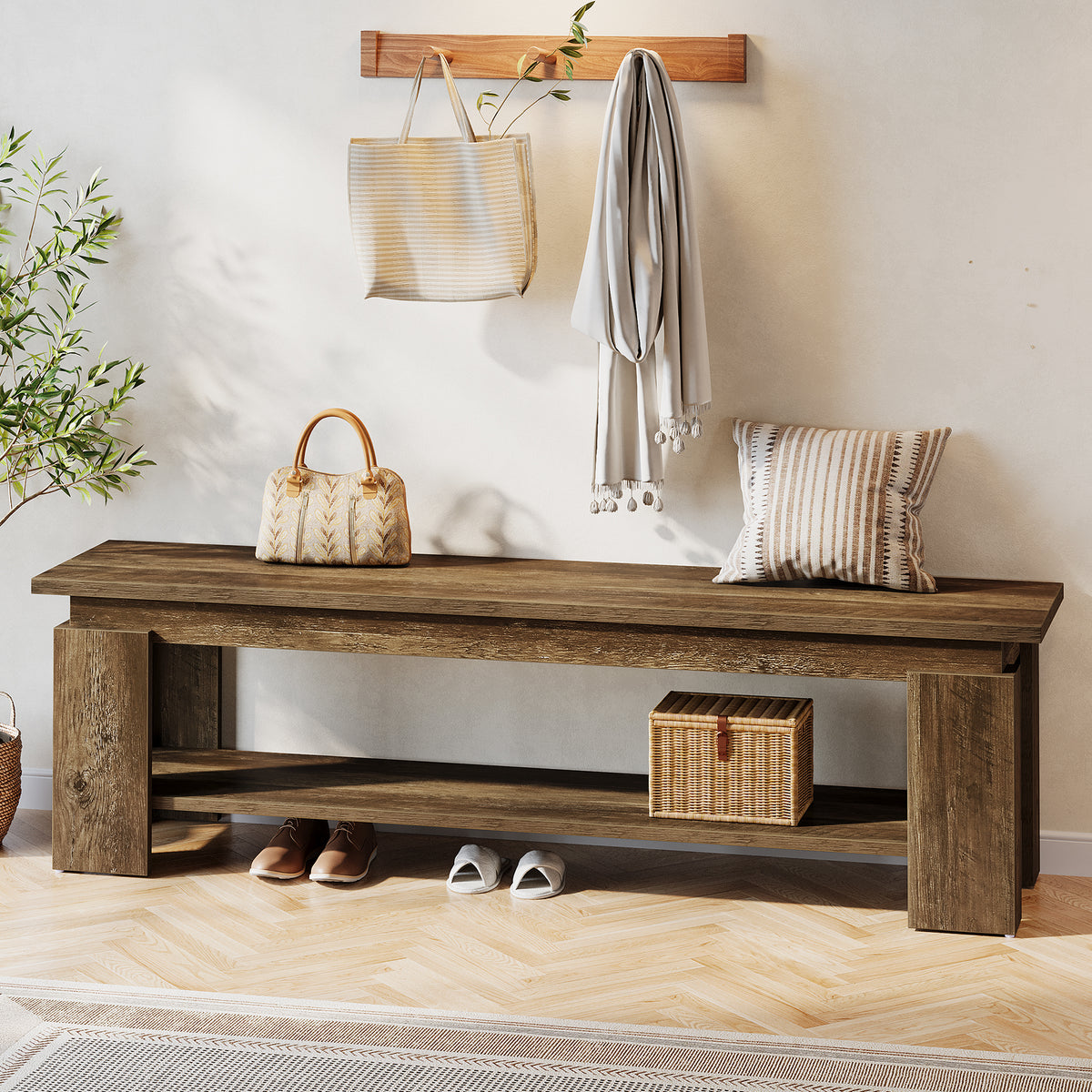 Tribesigns 160cm Entryway Bench, Farmhouse Shoe Bench with Storage Shelf