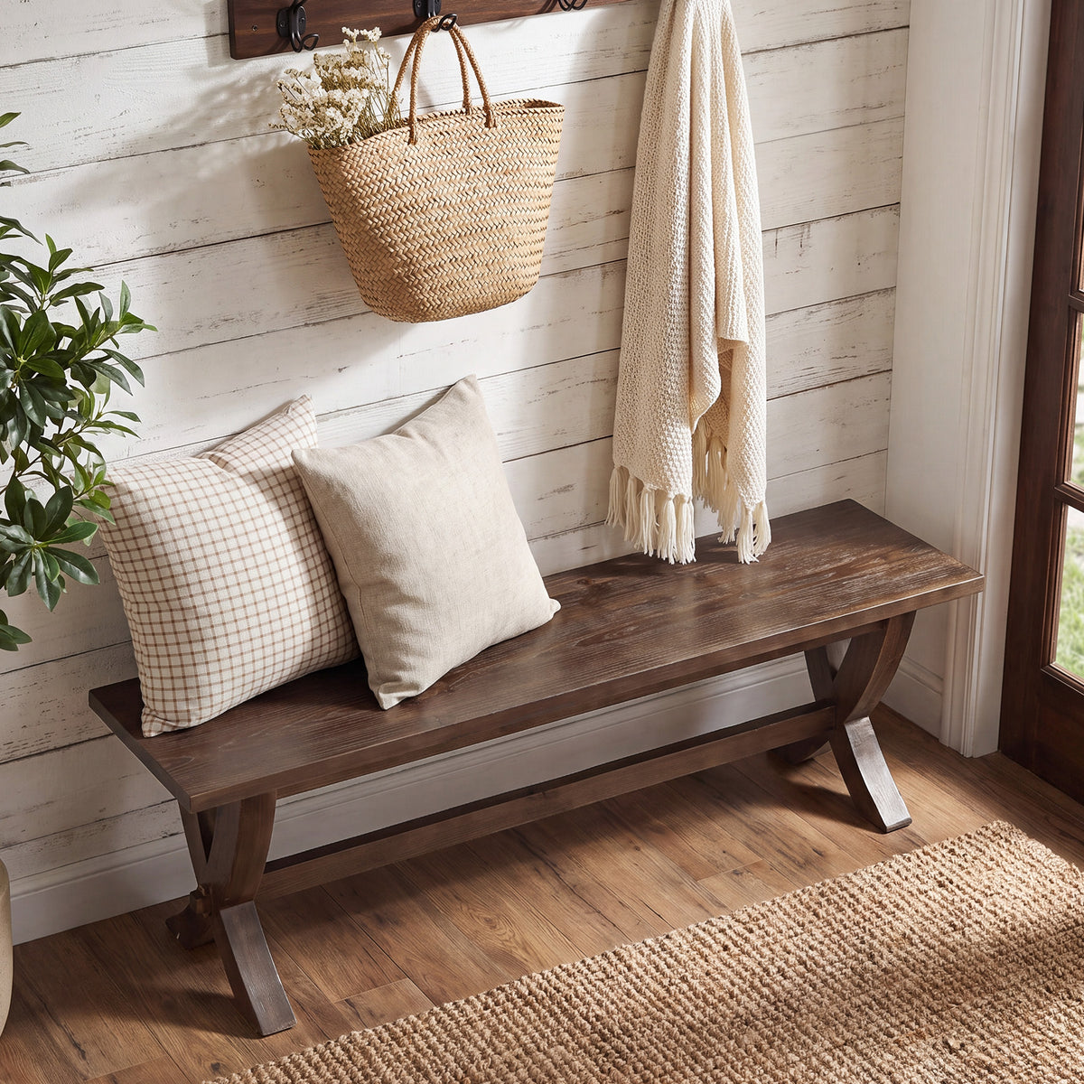 150cm Entryway Bench, Farmhouse Wooden Bench with X-Frame Legs