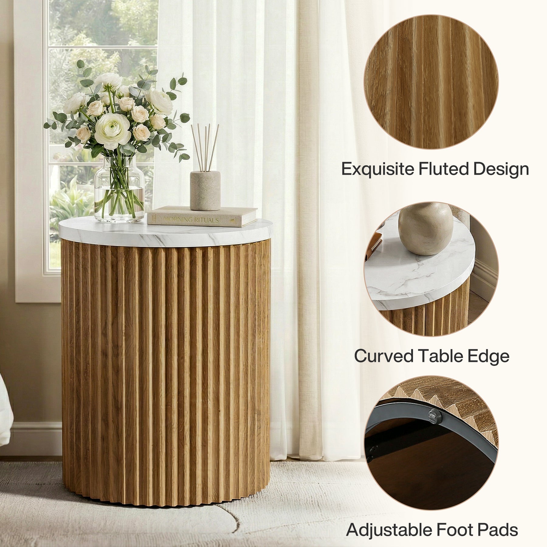 23.6" Round Nightstand, Bedside Table with Faux Marble Tabletop & Fluted Base