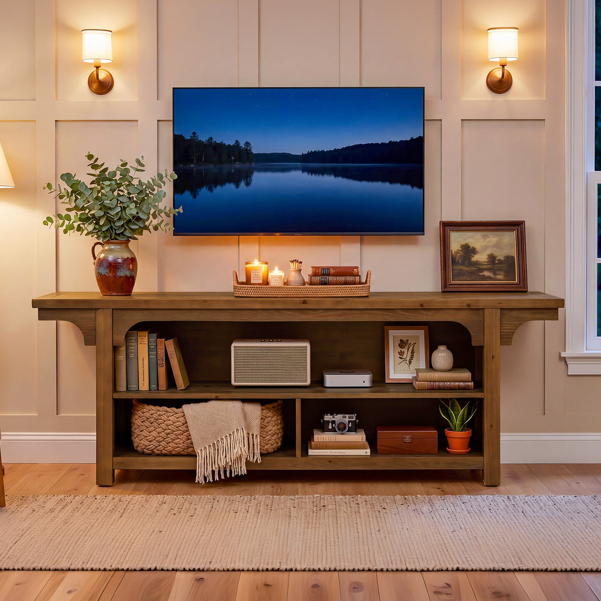 160cm TV Stand, Solid Wood Media Console with 3 Open Shelves for TVs up to 70"