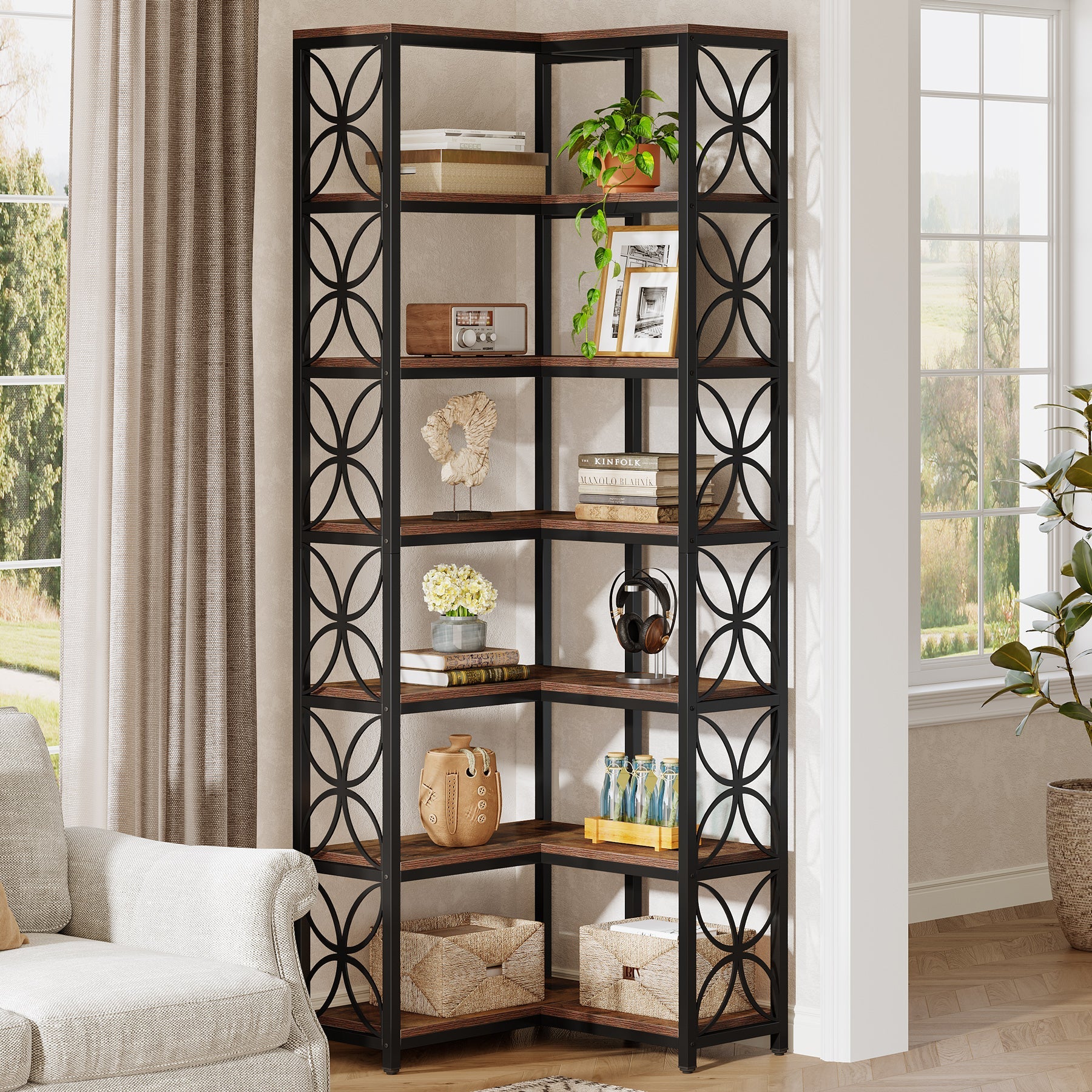 79" 7-Tier L-Shaped Corner Bookshelf, Tall Wood Bookcase with Metal Frame for Living Room or Office