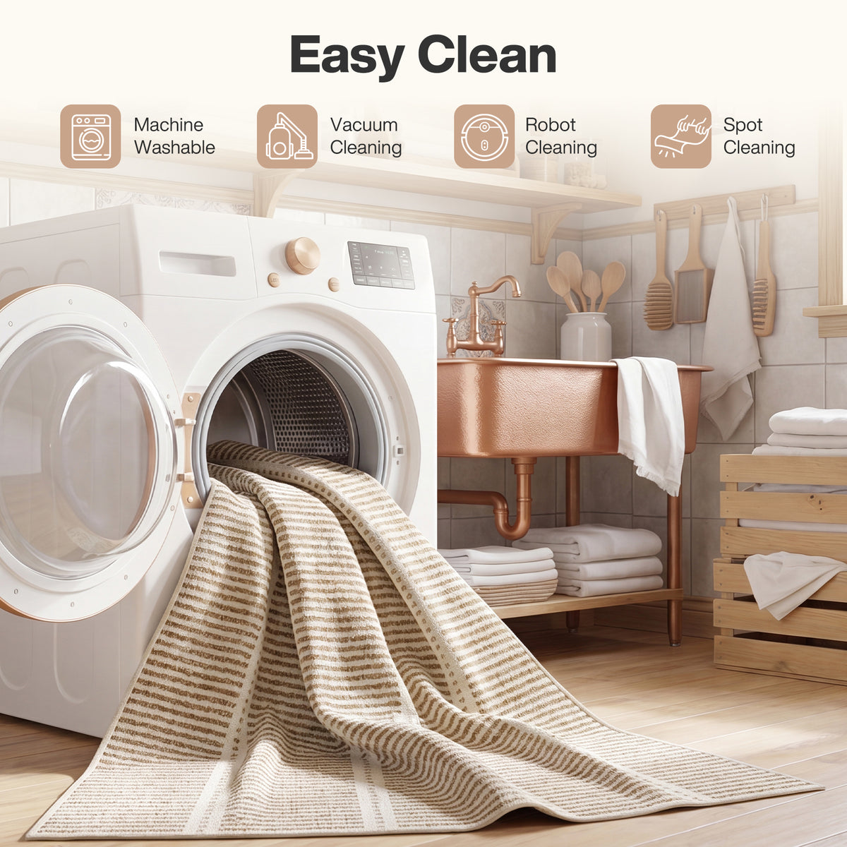 Tribesigns Ultra-Thin Washable Rugs 160 x 230/200 x 300 cm, Non-Slip Striped Country-Style Rugs for the Living Room and Bedroom, OEKO-TEX Certified