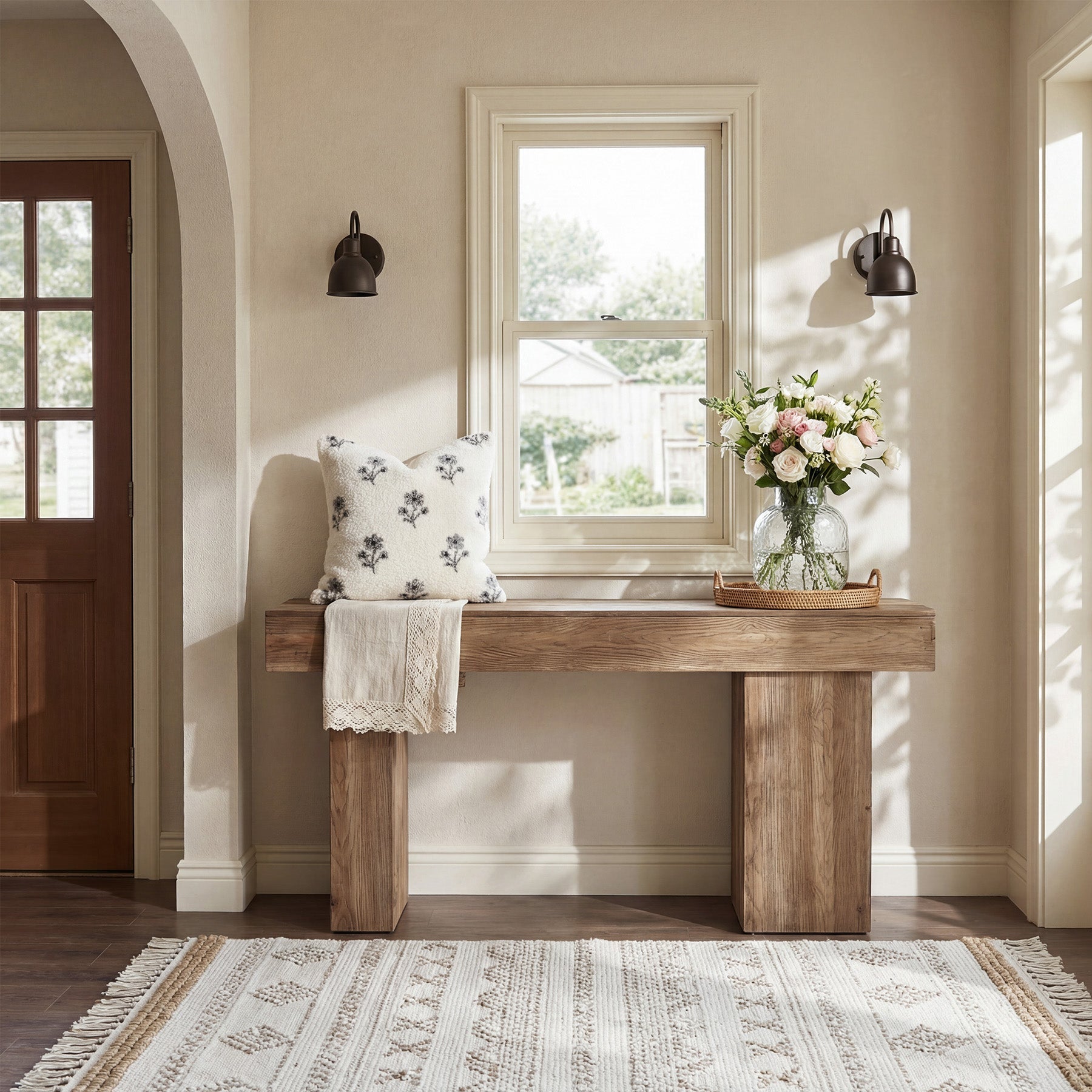 160cm Solid Wood Farmhouse Console Table with Artistic Legs, Heavy-Duty Sofa Table