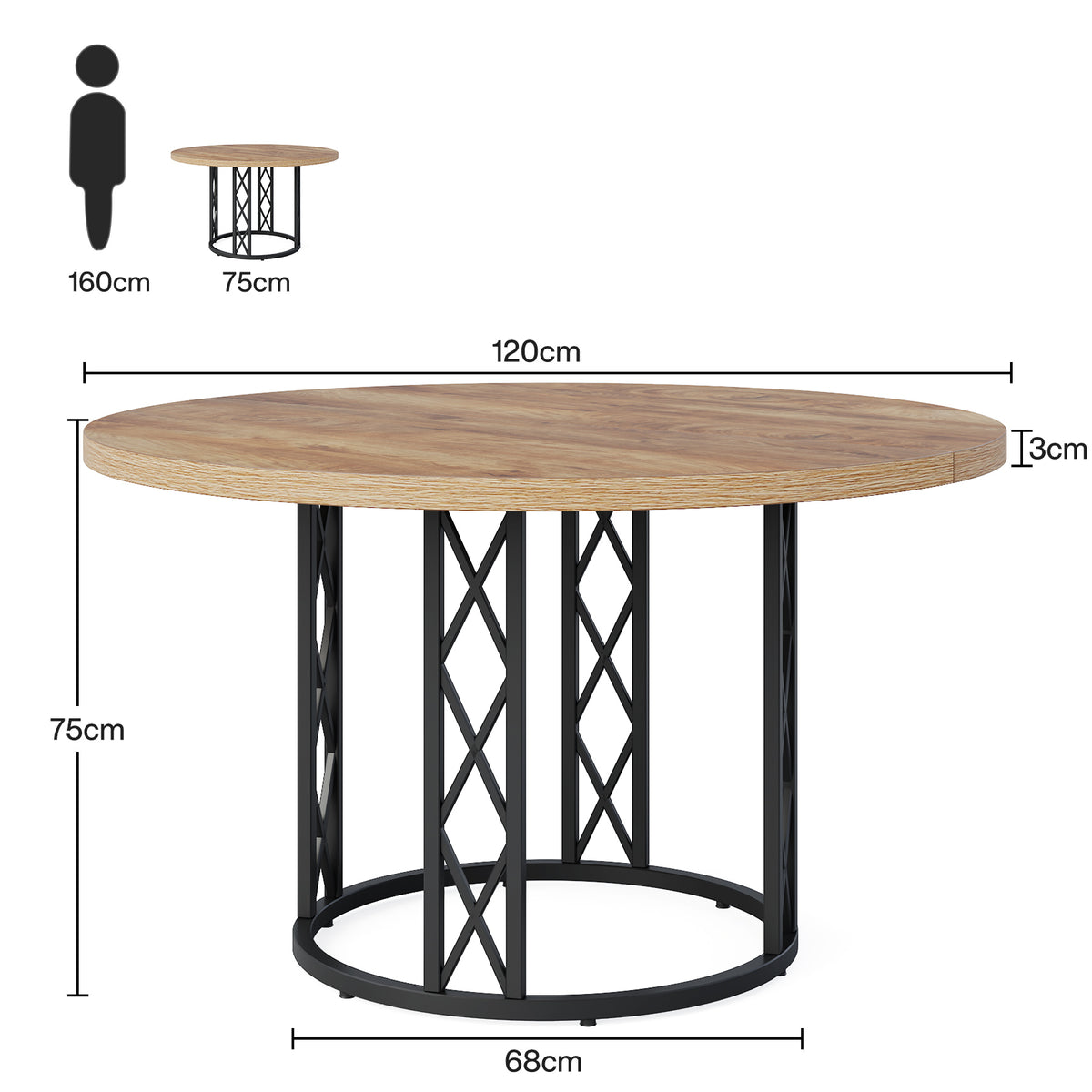 120cm Round Dining Table, 4-Seater Wood & Metal Kitchen Table