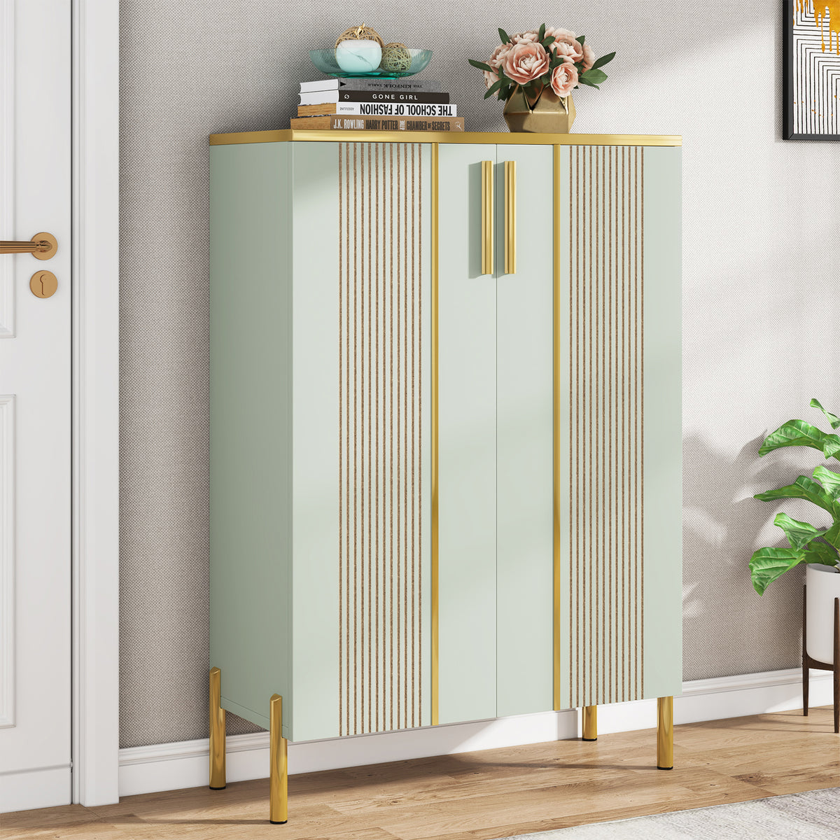 100cm Shoe Cabinet, White 6-Shelf Storage Cabinet with Gold Accents