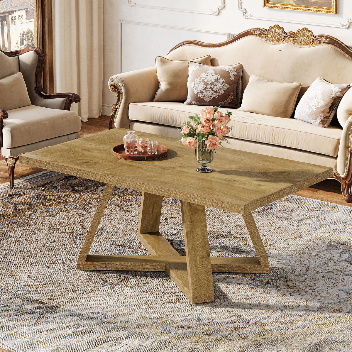 120cm Rectangle Coffee Table, Farmhouse Wooden Accent Table for Small Spaces
