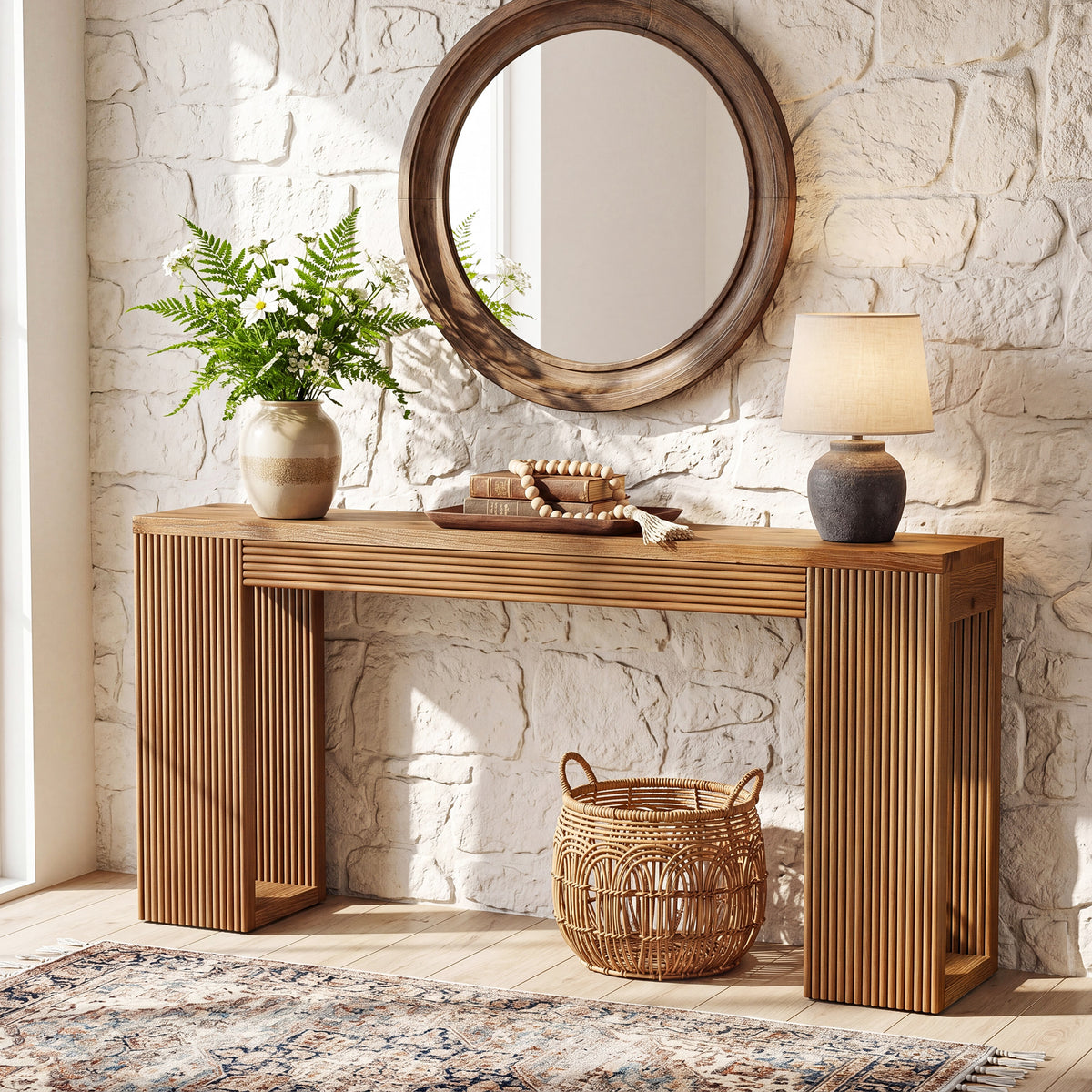 160cm Console Table, Solid Wood Narrow Hallway Table with Ribbed Legs