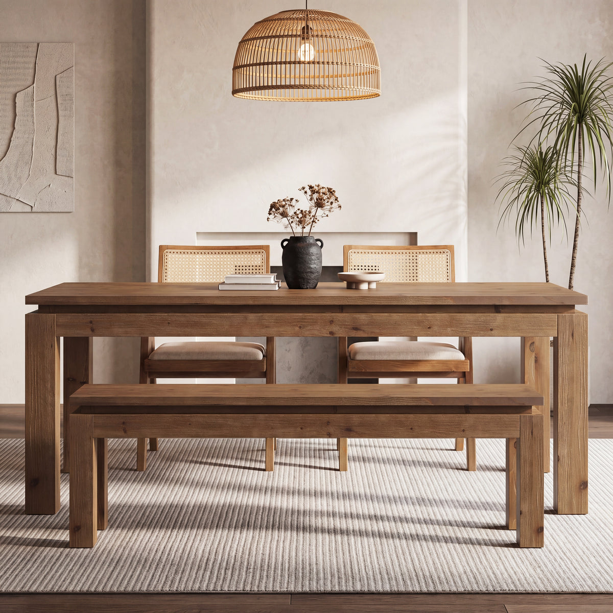 Tribesigns Solid Wood Bench 150 cm, Country-style dining bench with block legs